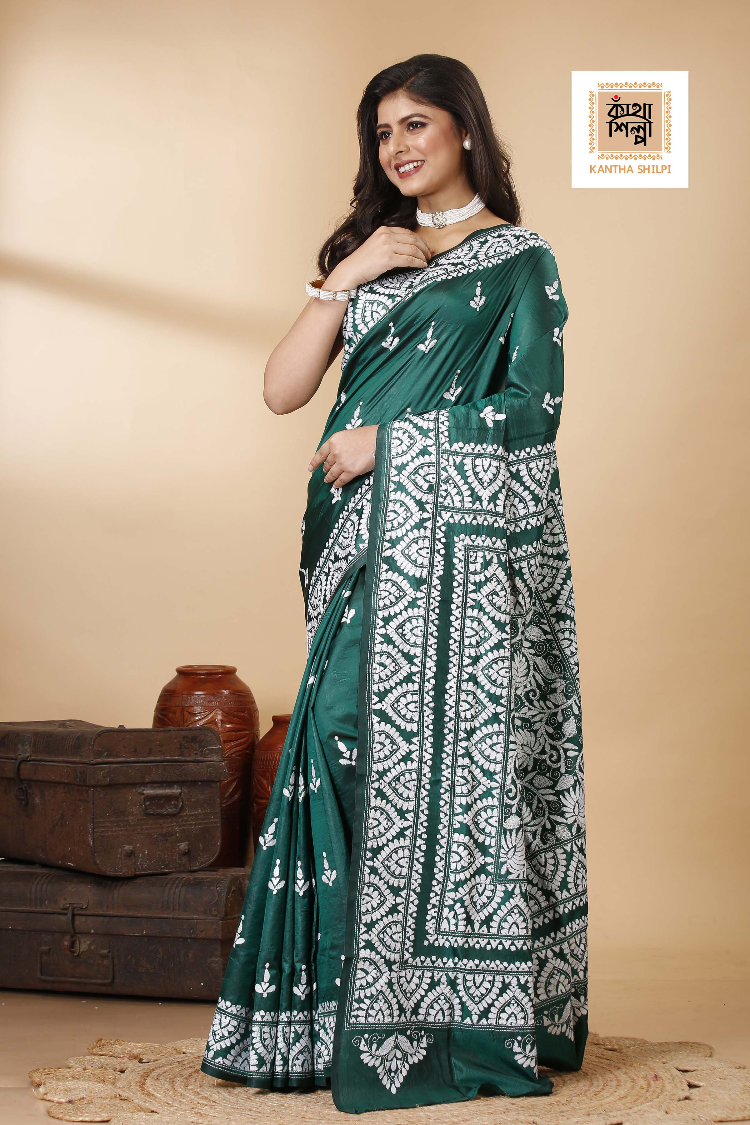 Pure Bangalore Silk Kantha Stitch Saree SN202522397
