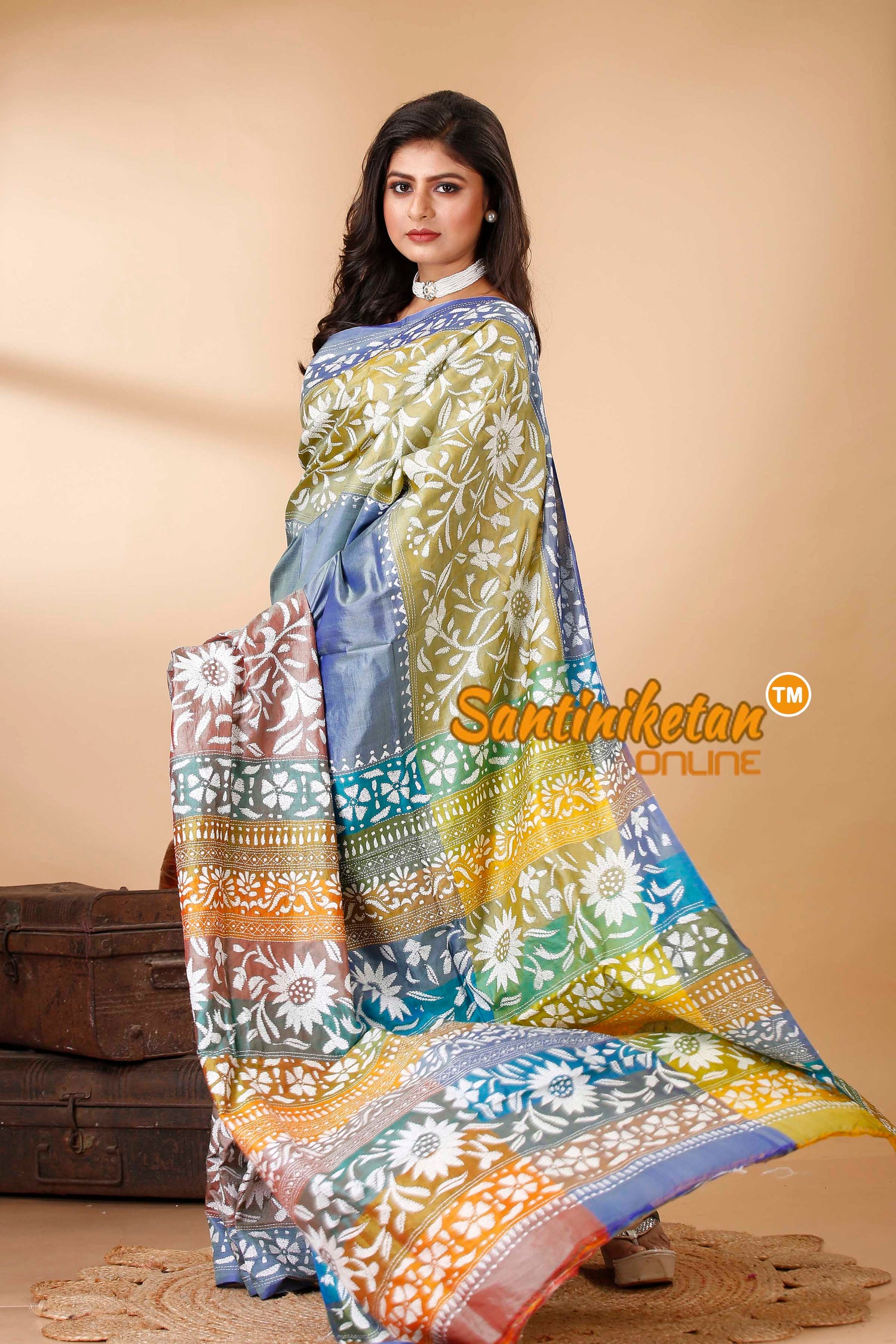Bishnupuri (Katan) Silk Kantha Stitch Saree SN202522416