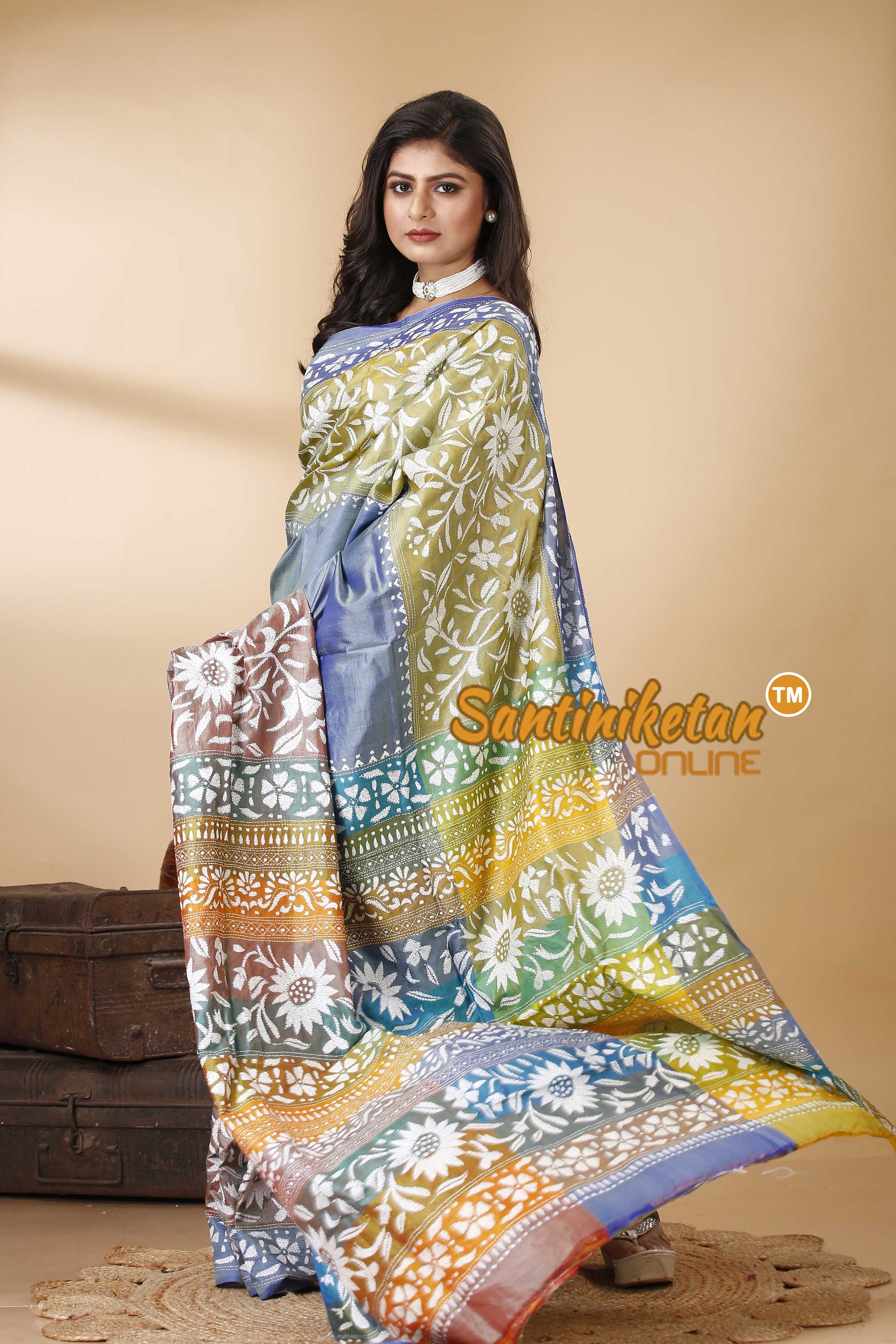 Bishnupuri (Katan) Silk Kantha Stitch Saree SN202522416