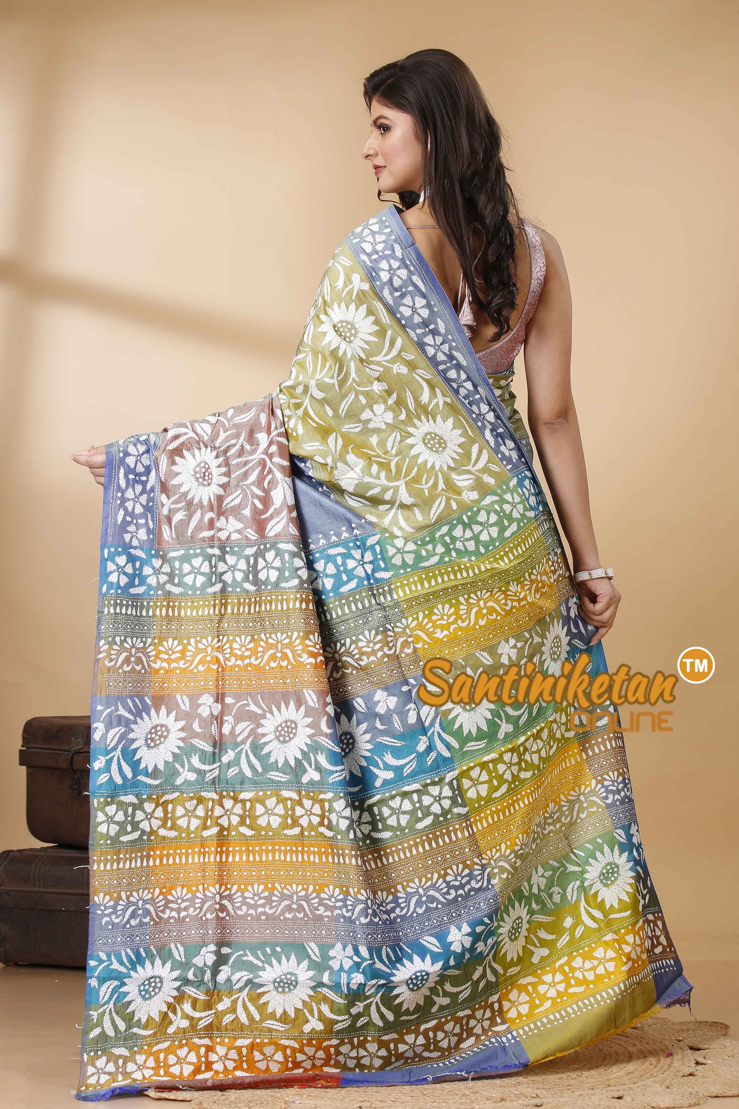 Bishnupuri (Katan) Silk Kantha Stitch Saree SN202522416