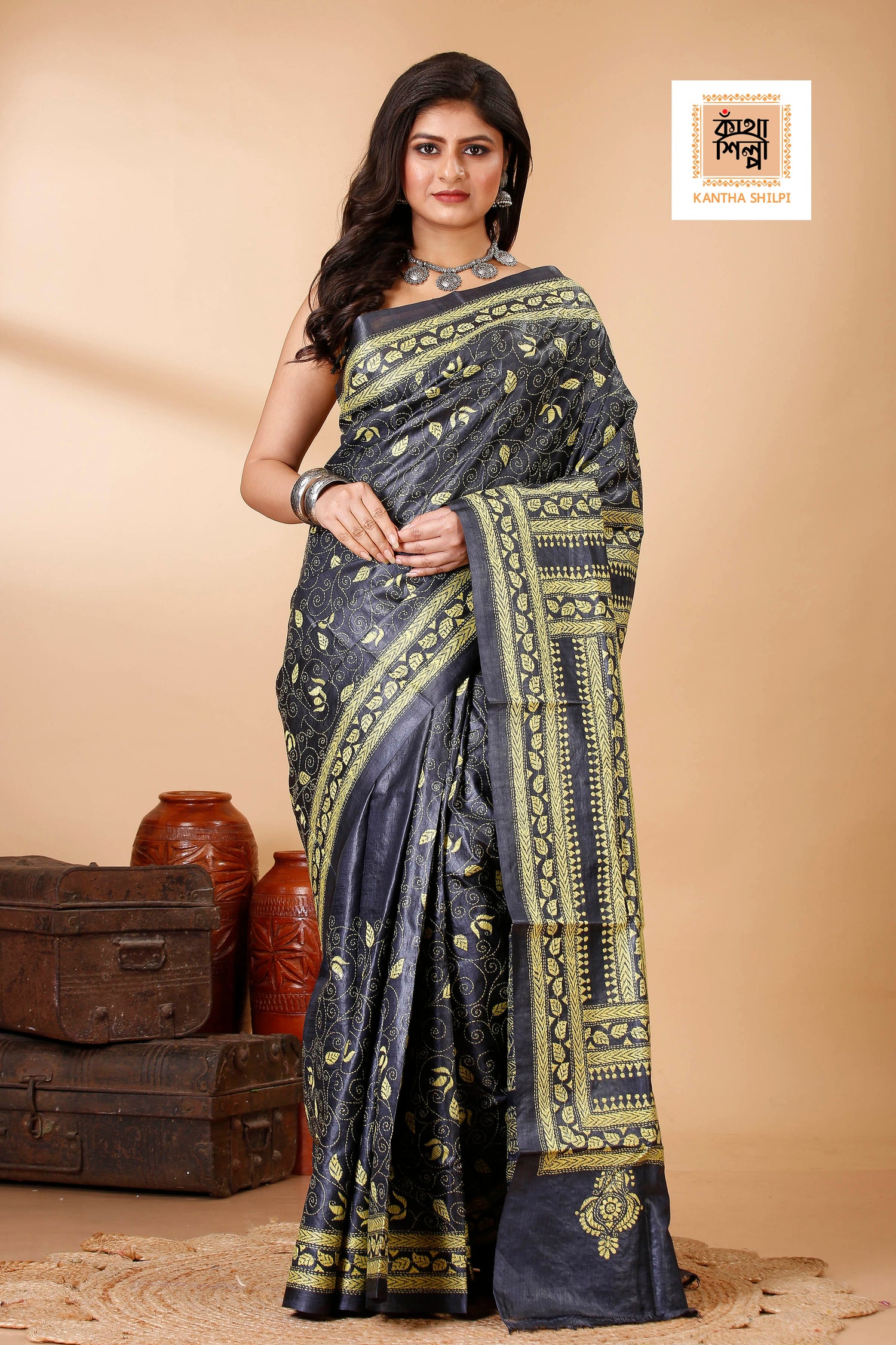 Black Color Dye Tussar Yellow Color Thread Work Floral Motif Kantha Stitch Saree