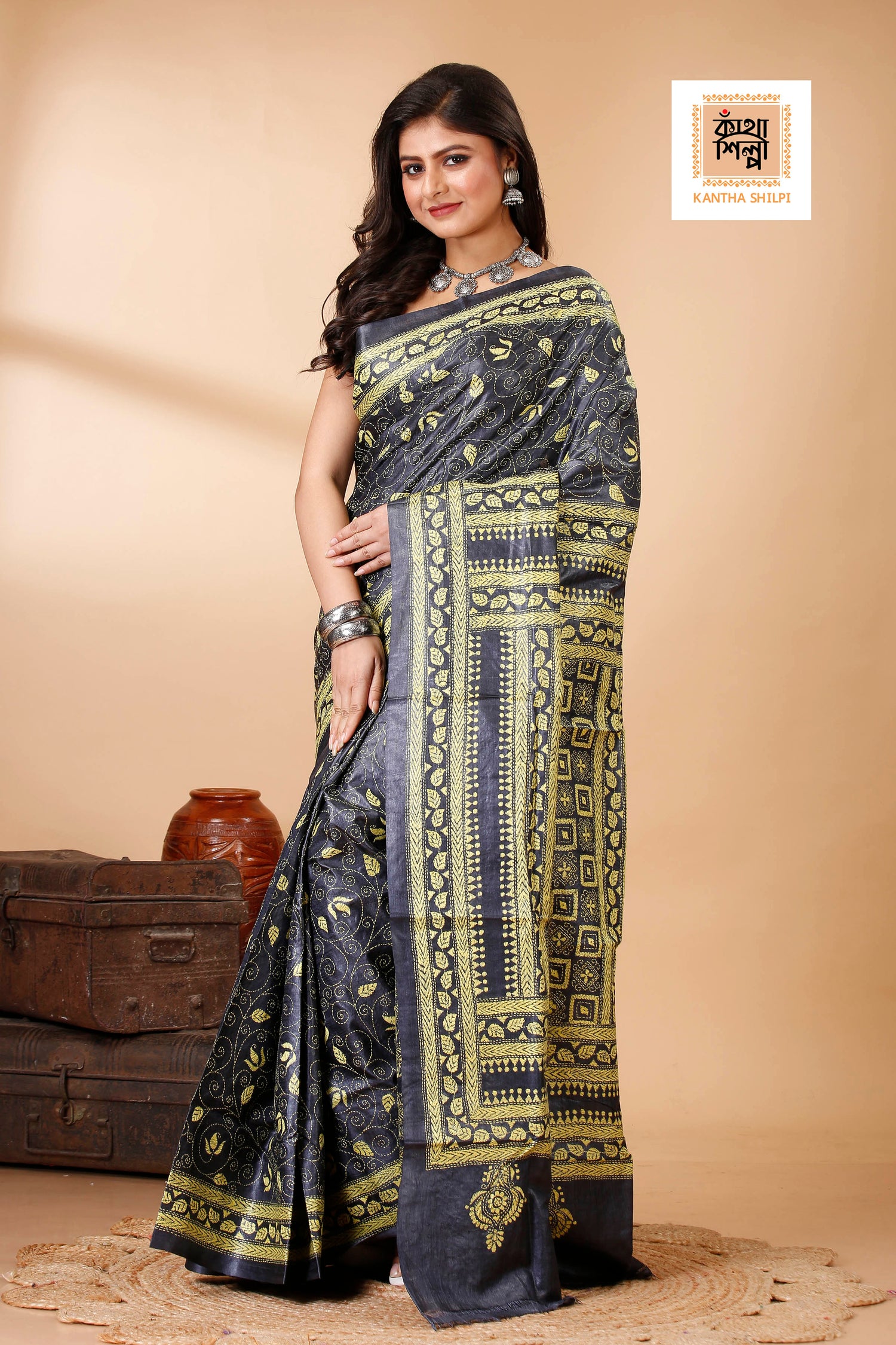 Black Color Dye Tussar Yellow Color Thread Work Floral Motif Kantha Stitch Saree