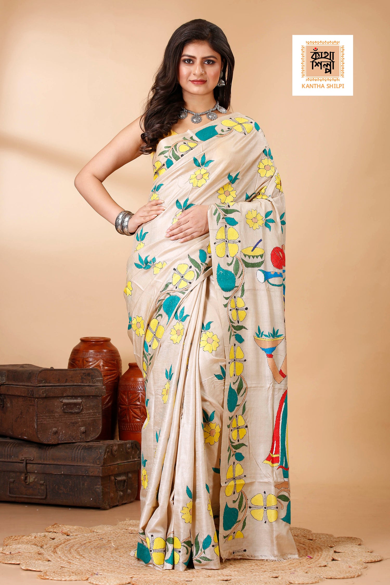 Gachi Tussar Multicolor Thread Work Lord Ganesha and Floral Design Kantha Stitch Saree