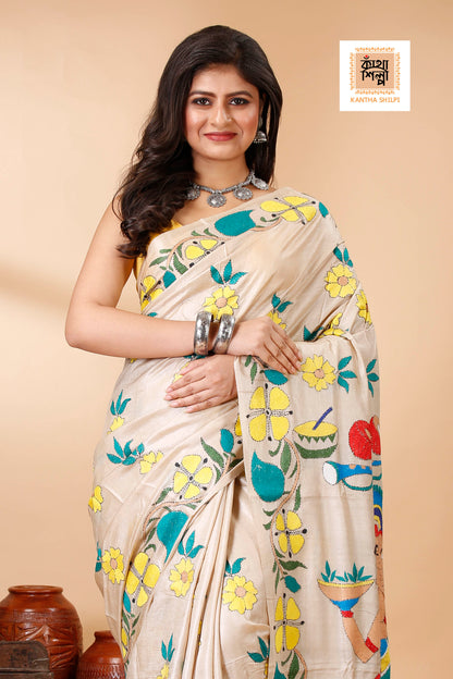Gachi Tussar Multicolor Thread Work Lord Ganesha and Floral Design Kantha Stitch Saree