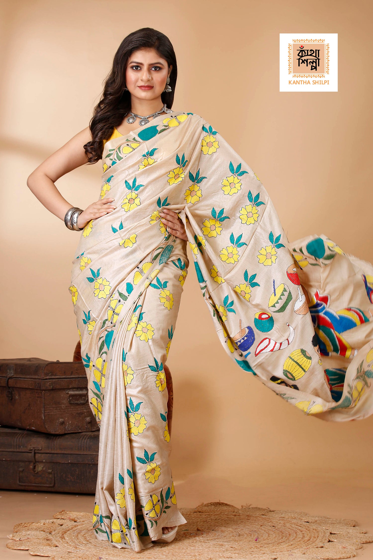 Gachi Tussar Multicolor Thread Work Lord Ganesha and Floral Design Kantha Stitch Saree
