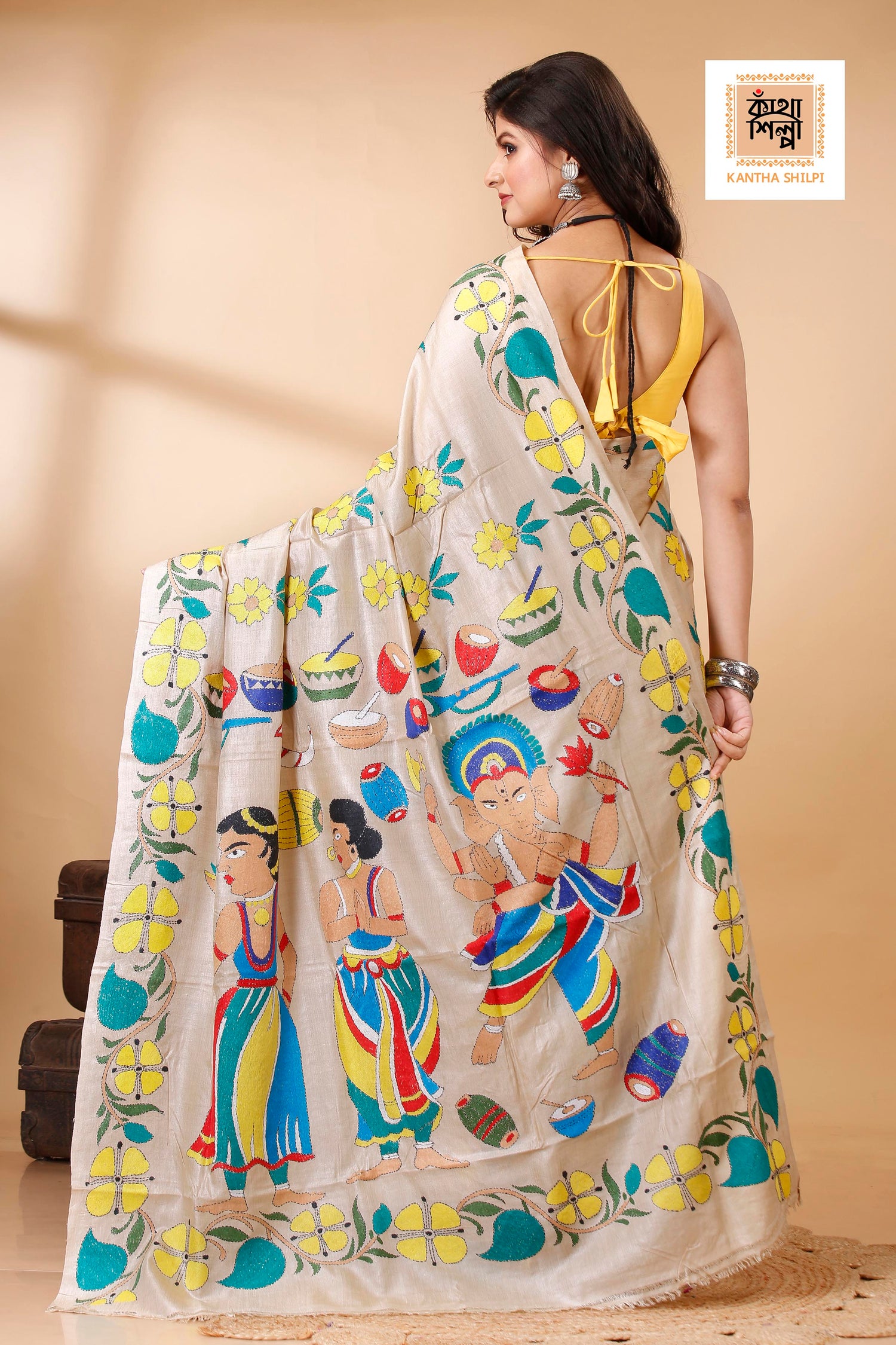 Gachi Tussar Multicolor Thread Work Lord Ganesha and Floral Design Kantha Stitch Saree