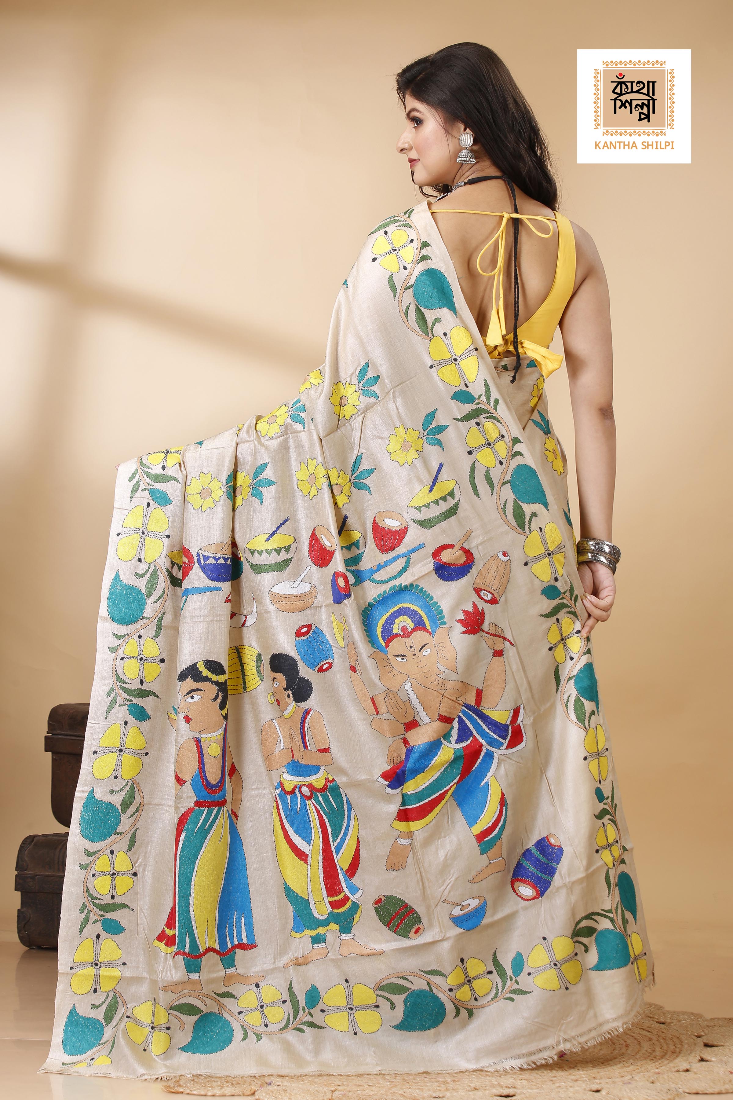 Gachi Tussar Multicolor Thread Work Lord Ganesha and Floral Design Kantha Stitch Saree