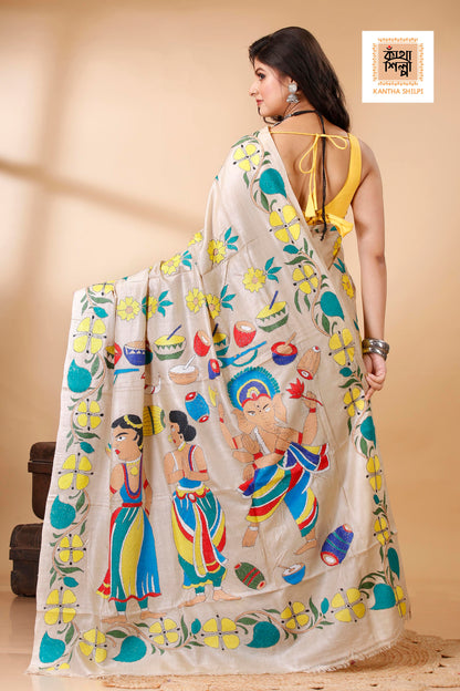 Gachi Tussar Multicolor Thread Work Lord Ganesha and Floral Design Kantha Stitch Saree