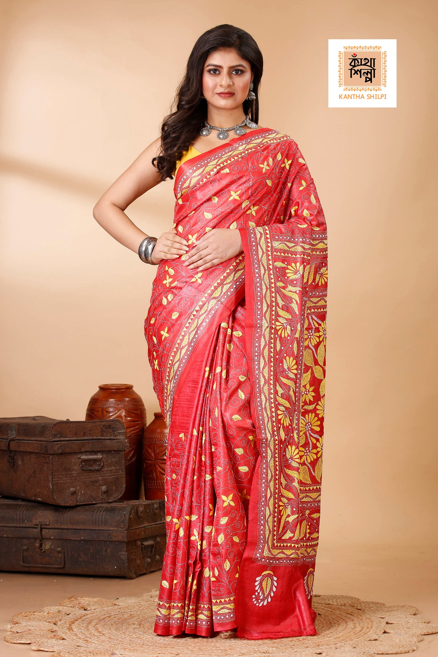 Coral Red Color Dye Tussar Yellow Color Thread Work Kantha Stitch Saree