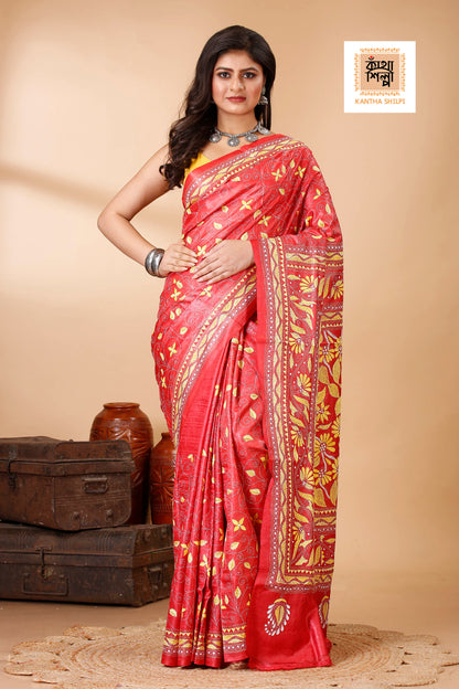 Coral Red Color Dye Tussar Yellow Color Thread Work Kantha Stitch Saree