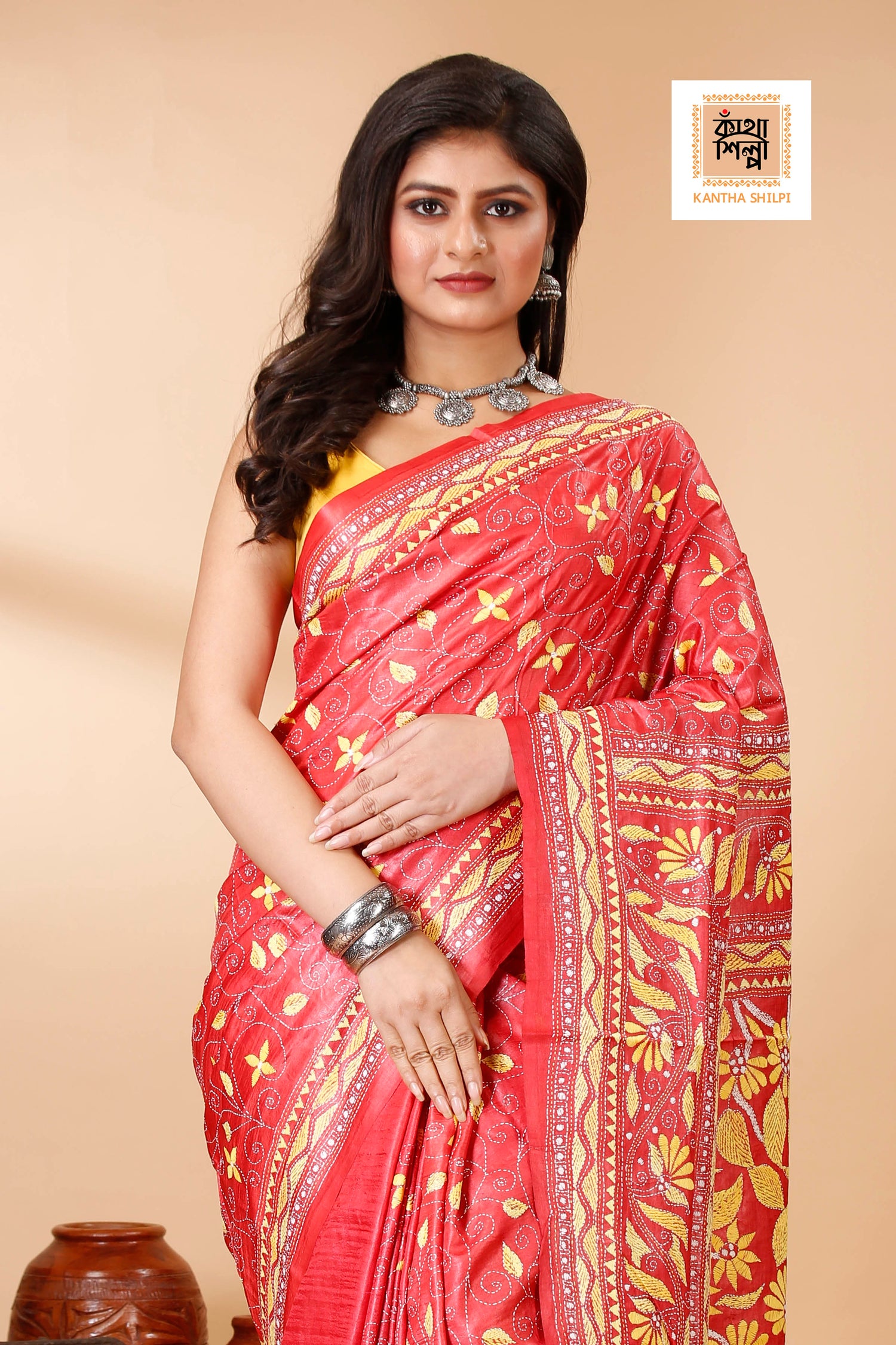 Coral Red Color Dye Tussar Yellow Color Thread Work Kantha Stitch Saree