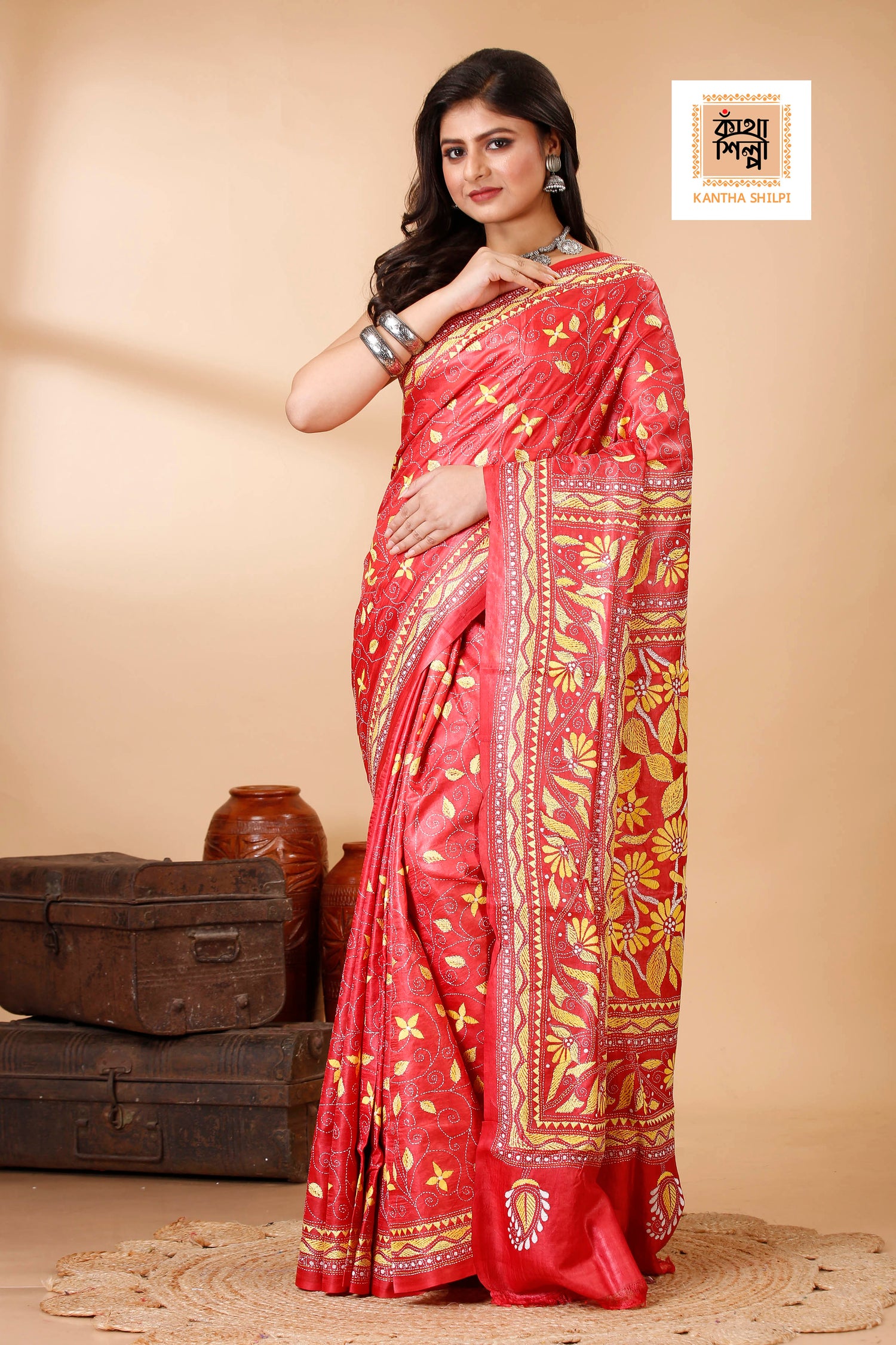Coral Red Color Dye Tussar Yellow Color Thread Work Kantha Stitch Saree