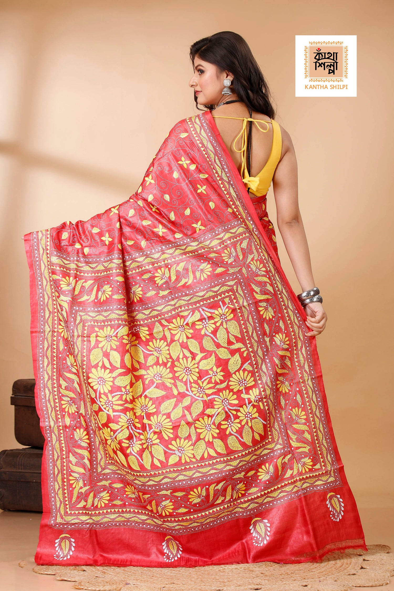 Coral Red Color Dye Tussar Yellow Color Thread Work Kantha Stitch Saree