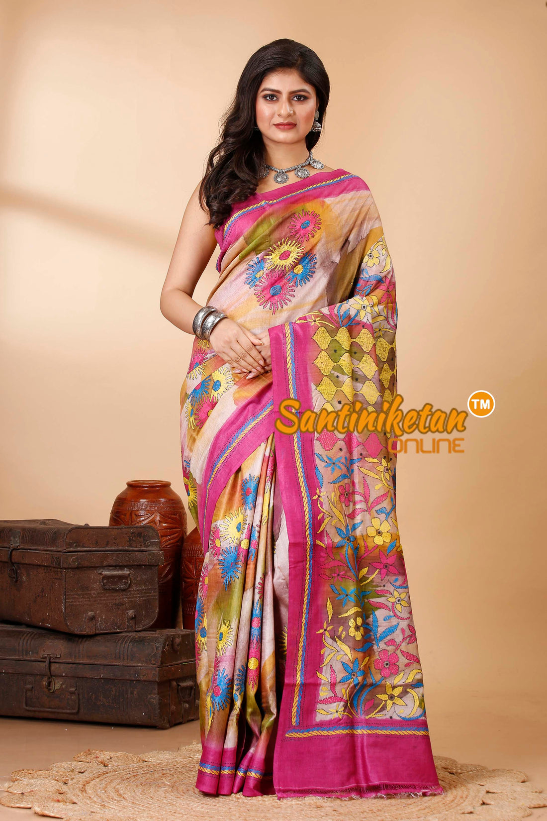 Pure Dye Ketiya Tussar Silk Kantha Stitch Saree SN202522521