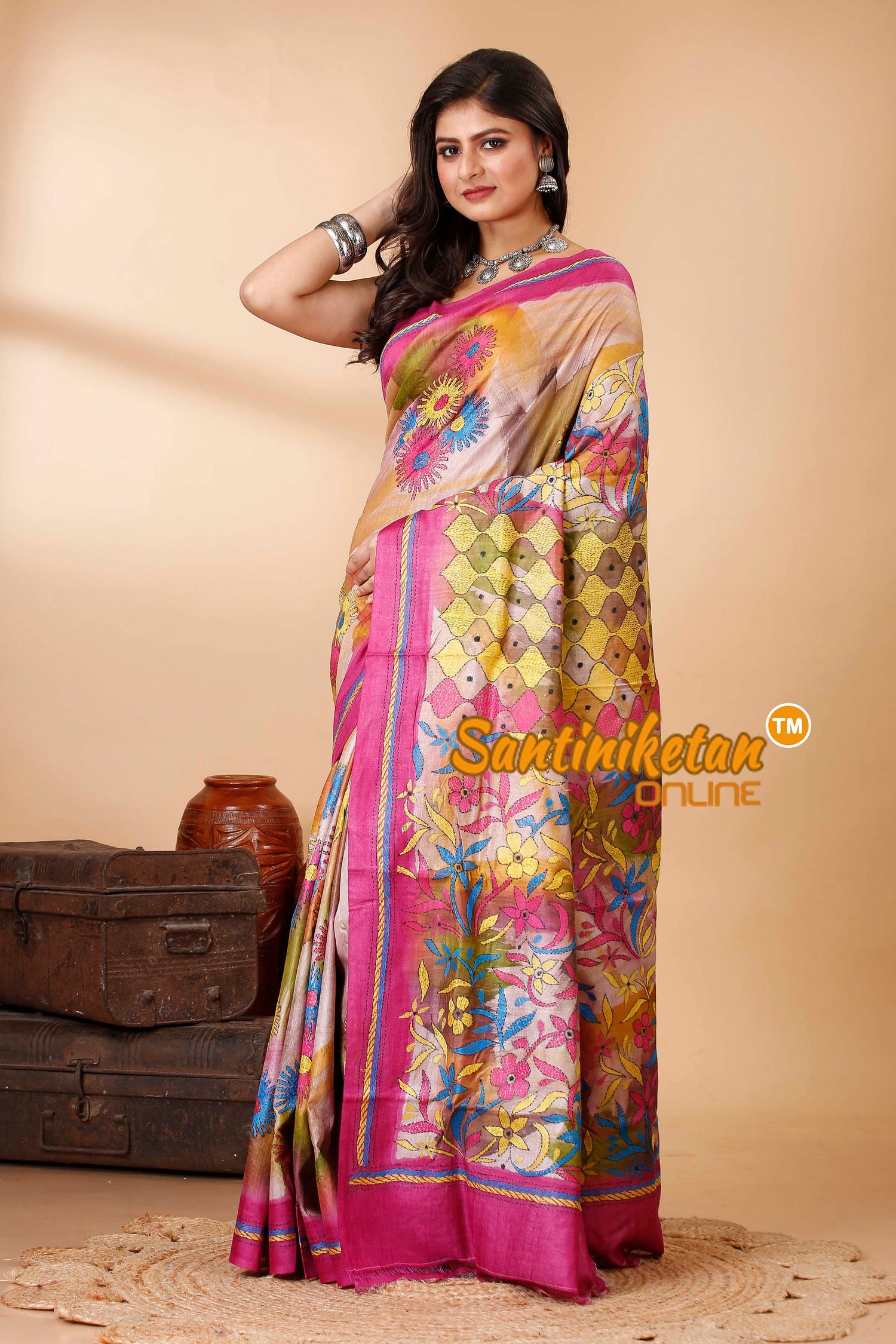 Pure Dye Ketiya Tussar Silk Kantha Stitch Saree SN202522521