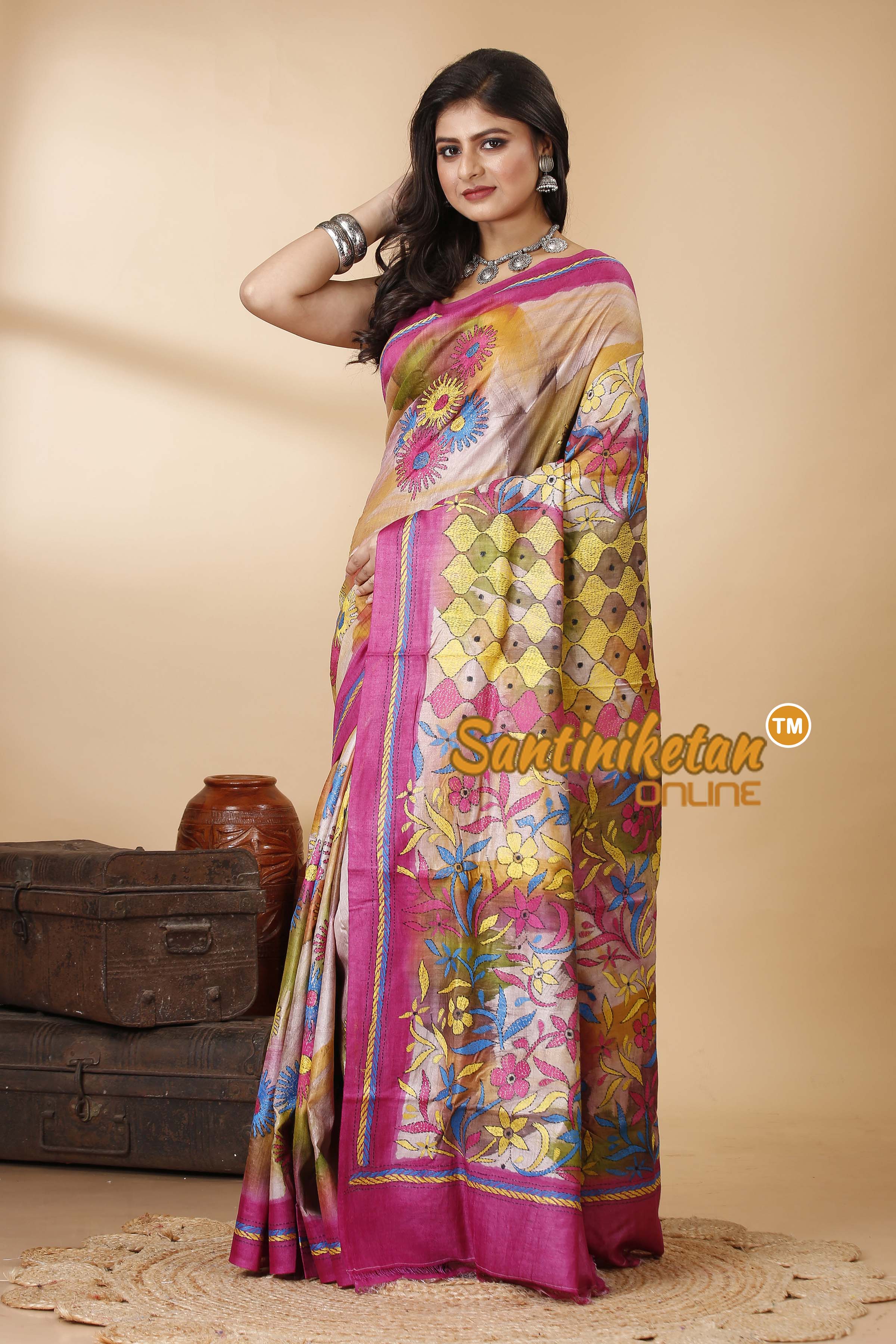 Pure Dye Ketiya Tussar Silk Kantha Stitch Saree SN202522521