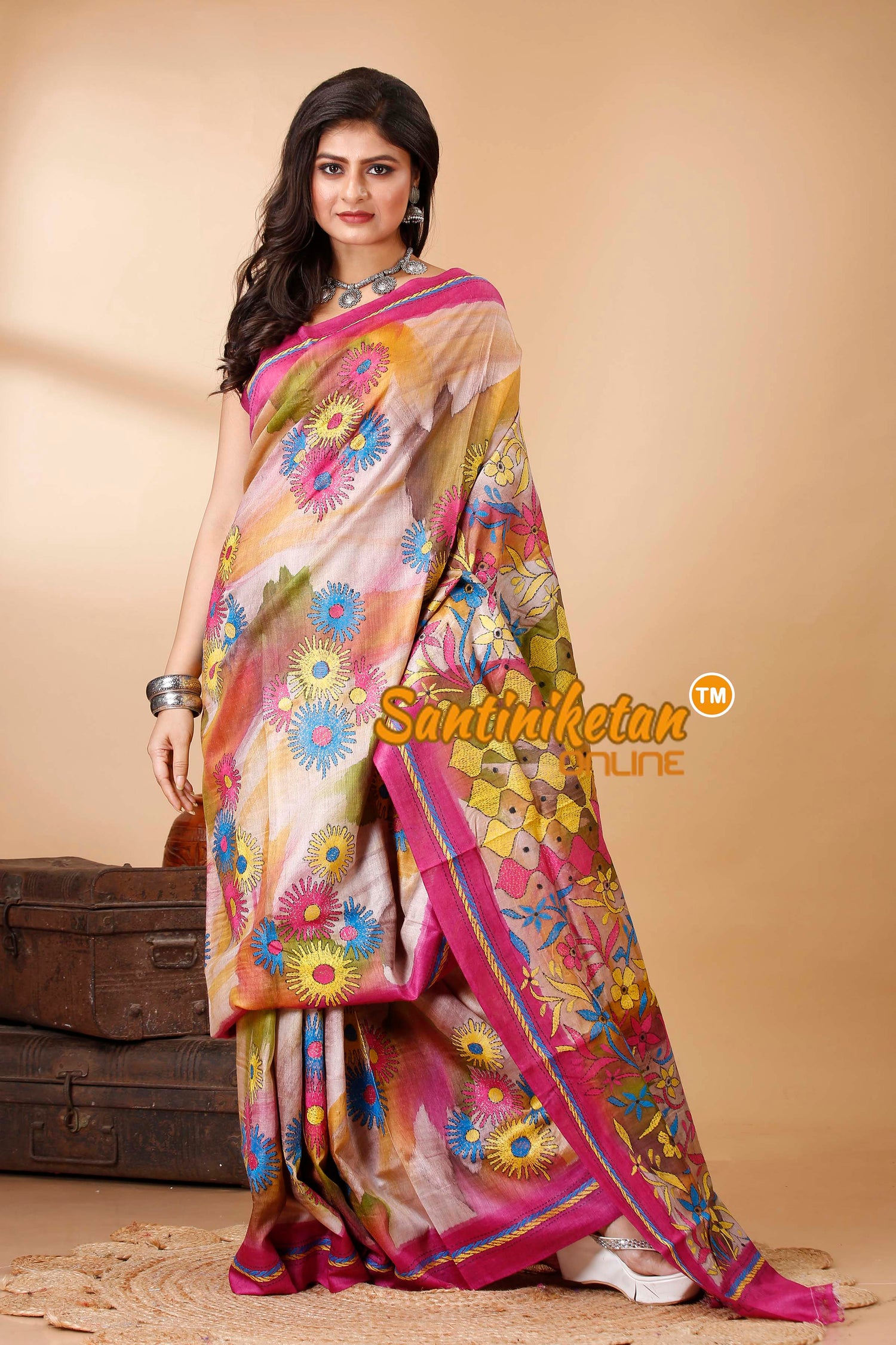 Pure Dye Ketiya Tussar Silk Kantha Stitch Saree SN202522521