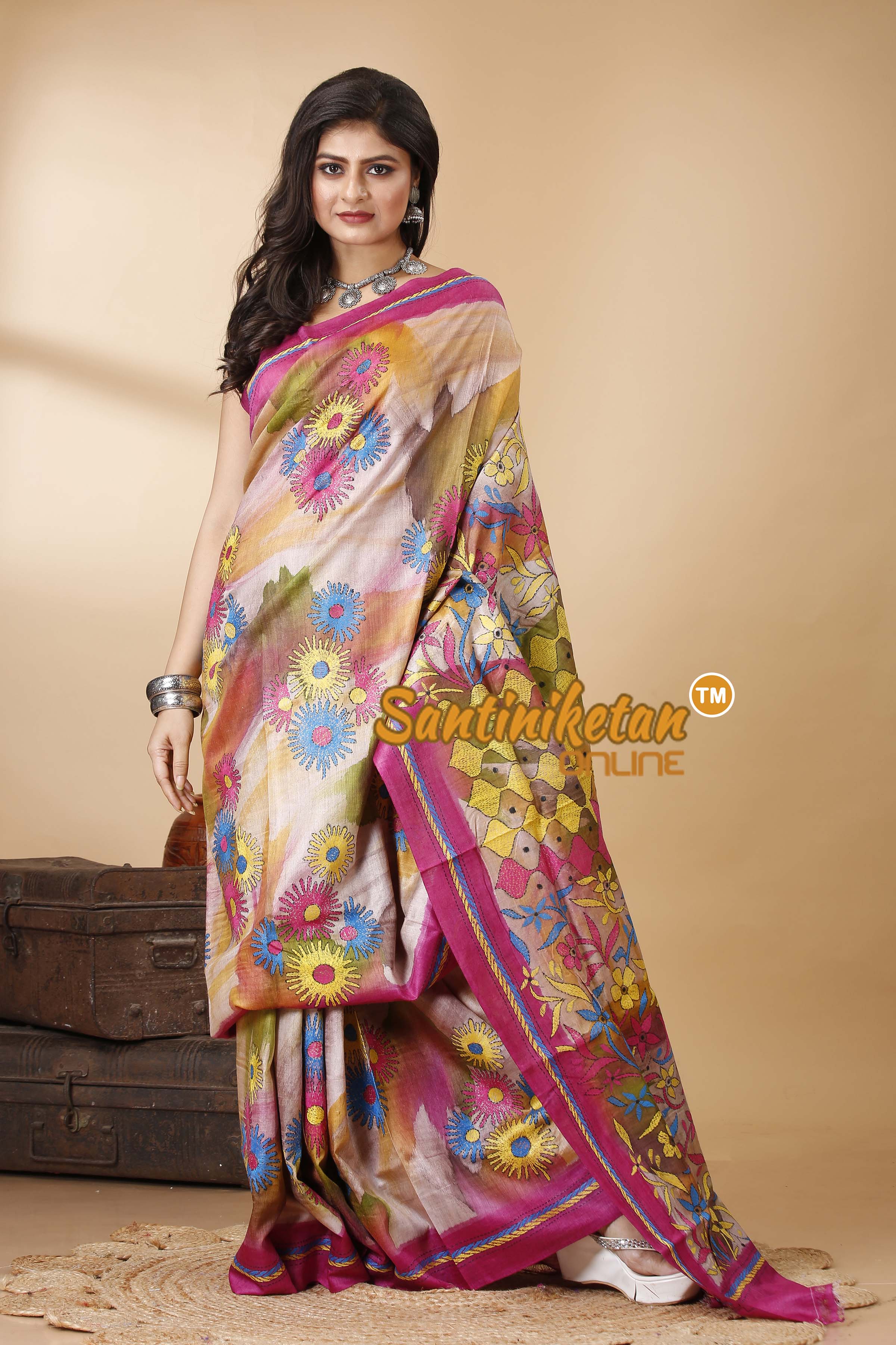 Pure Dye Ketiya Tussar Silk Kantha Stitch Saree SN202522521