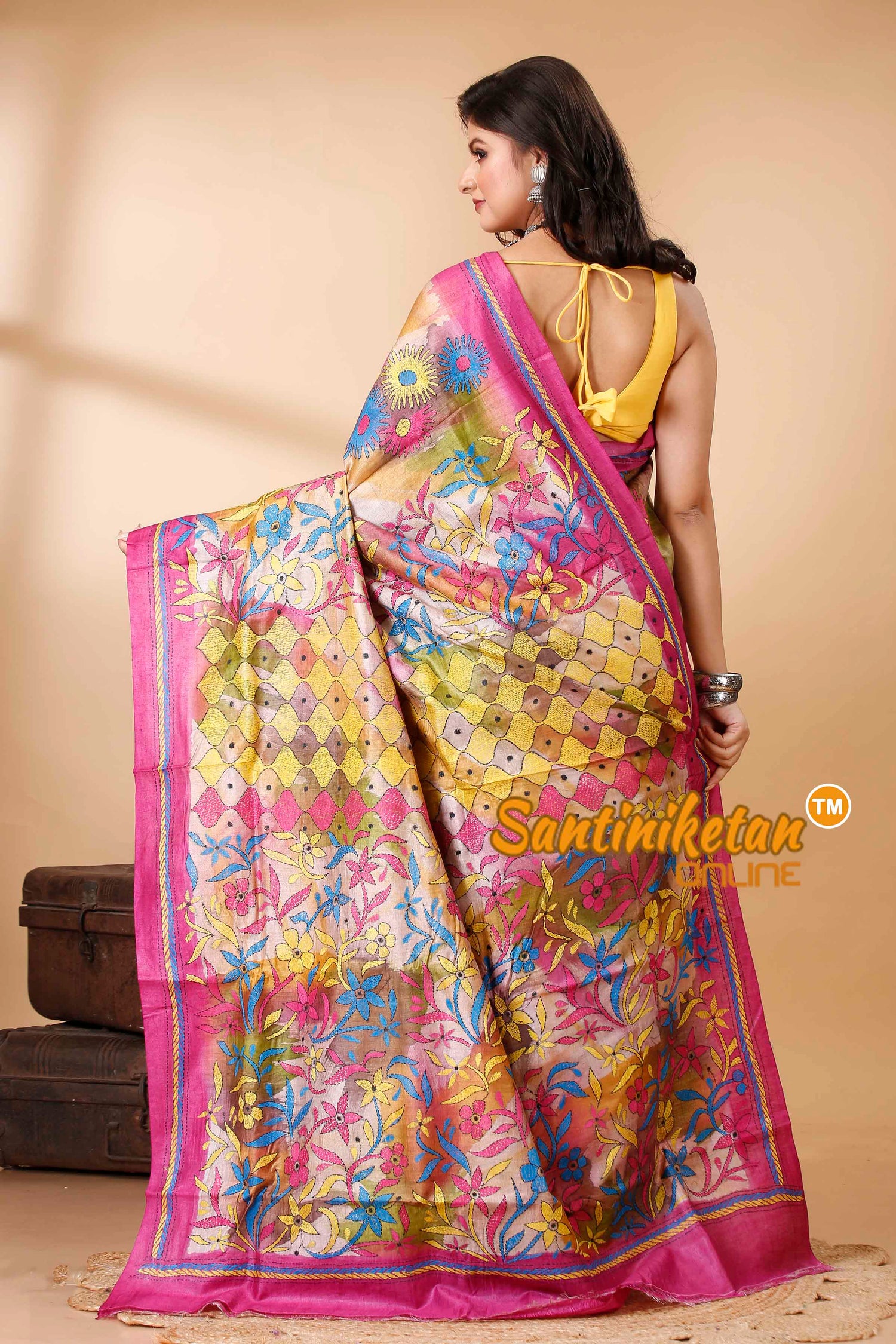 Pure Dye Ketiya Tussar Silk Kantha Stitch Saree SN202522521