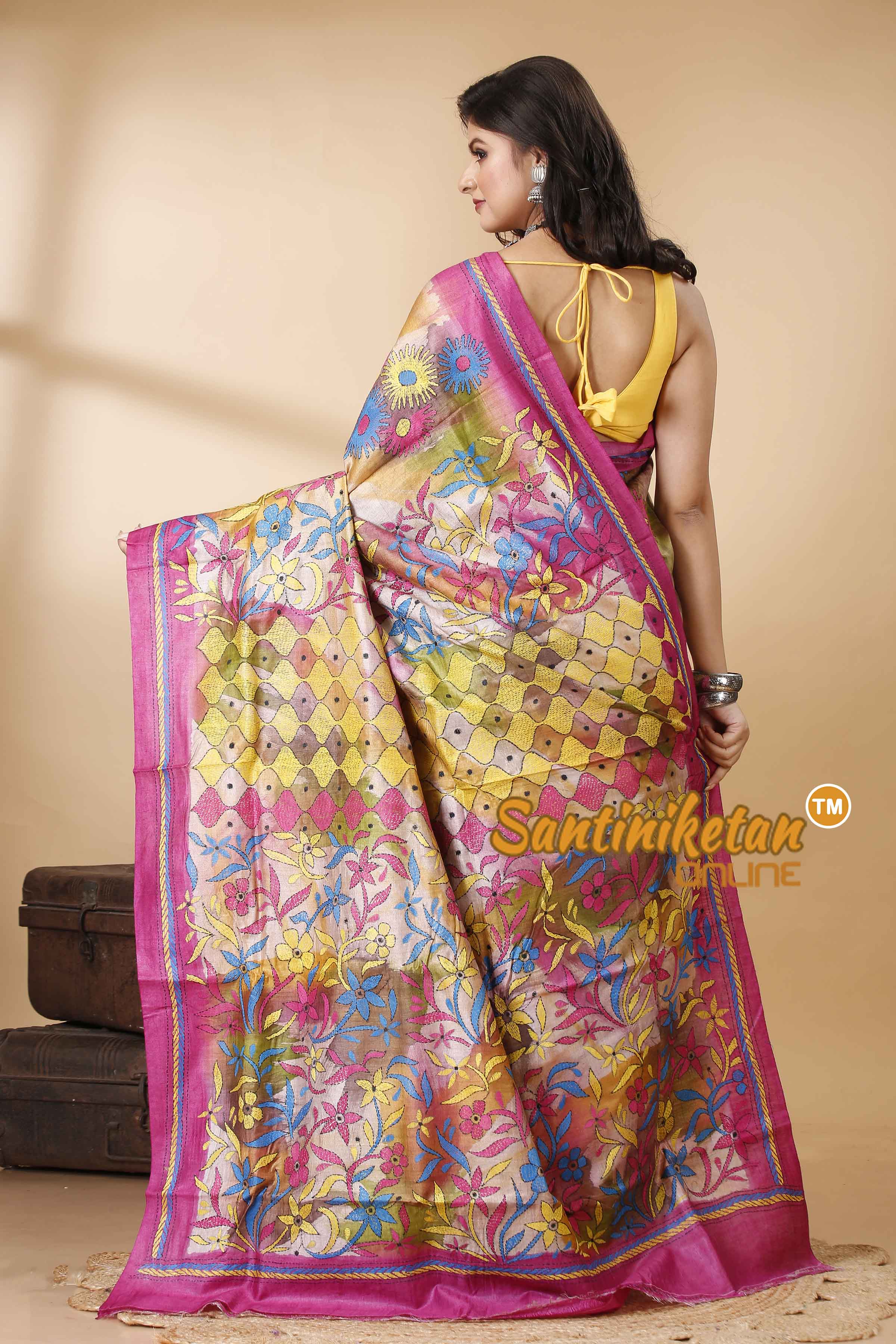 Pure Dye Ketiya Tussar Silk Kantha Stitch Saree SN202522521