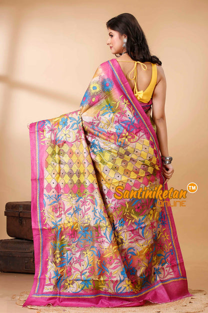 Pure Dye Ketiya Tussar Silk Kantha Stitch Saree SN202522521