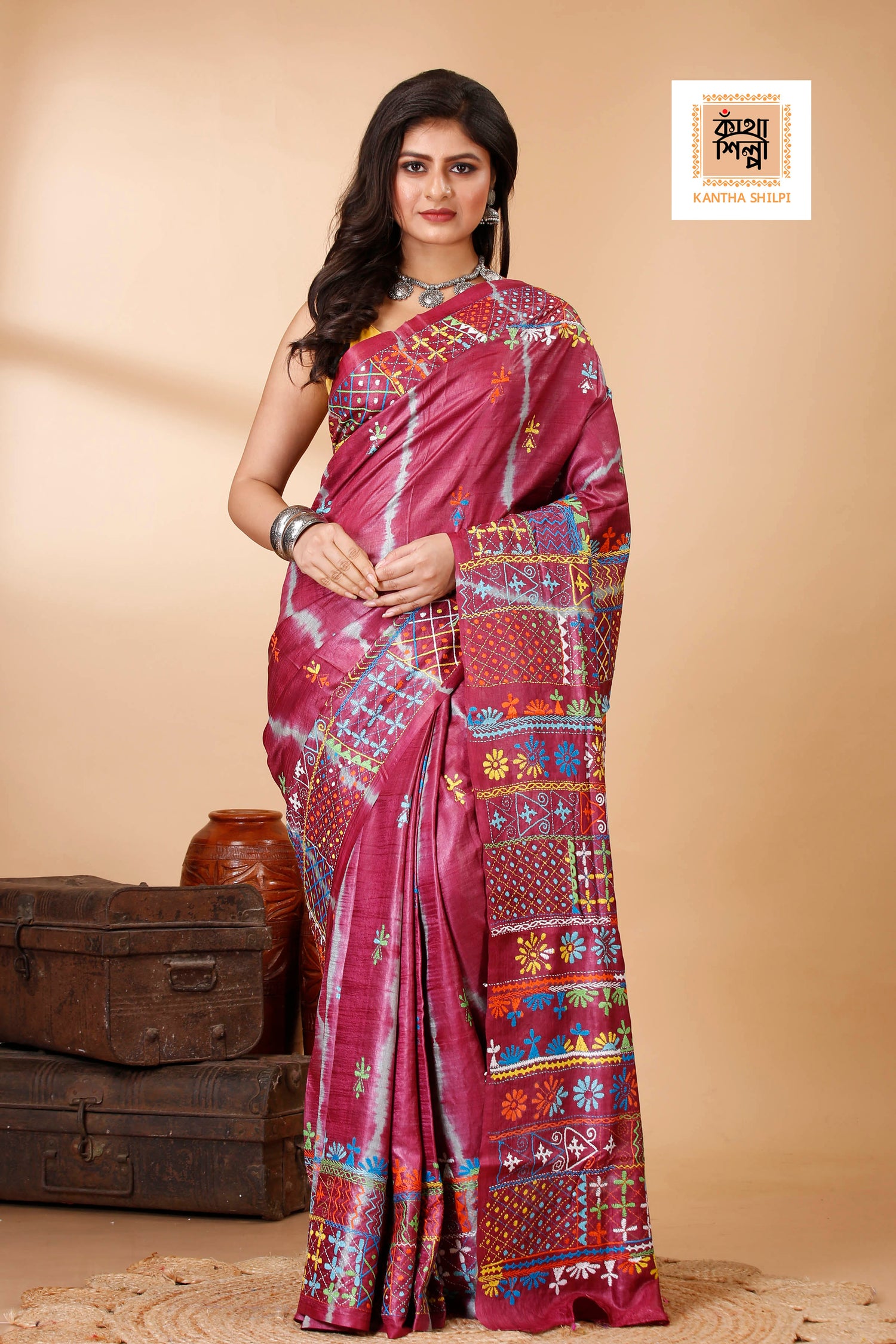 Drak Rose Color Dye Tussar Multicolor Thread Work Kantha Stitch Saree