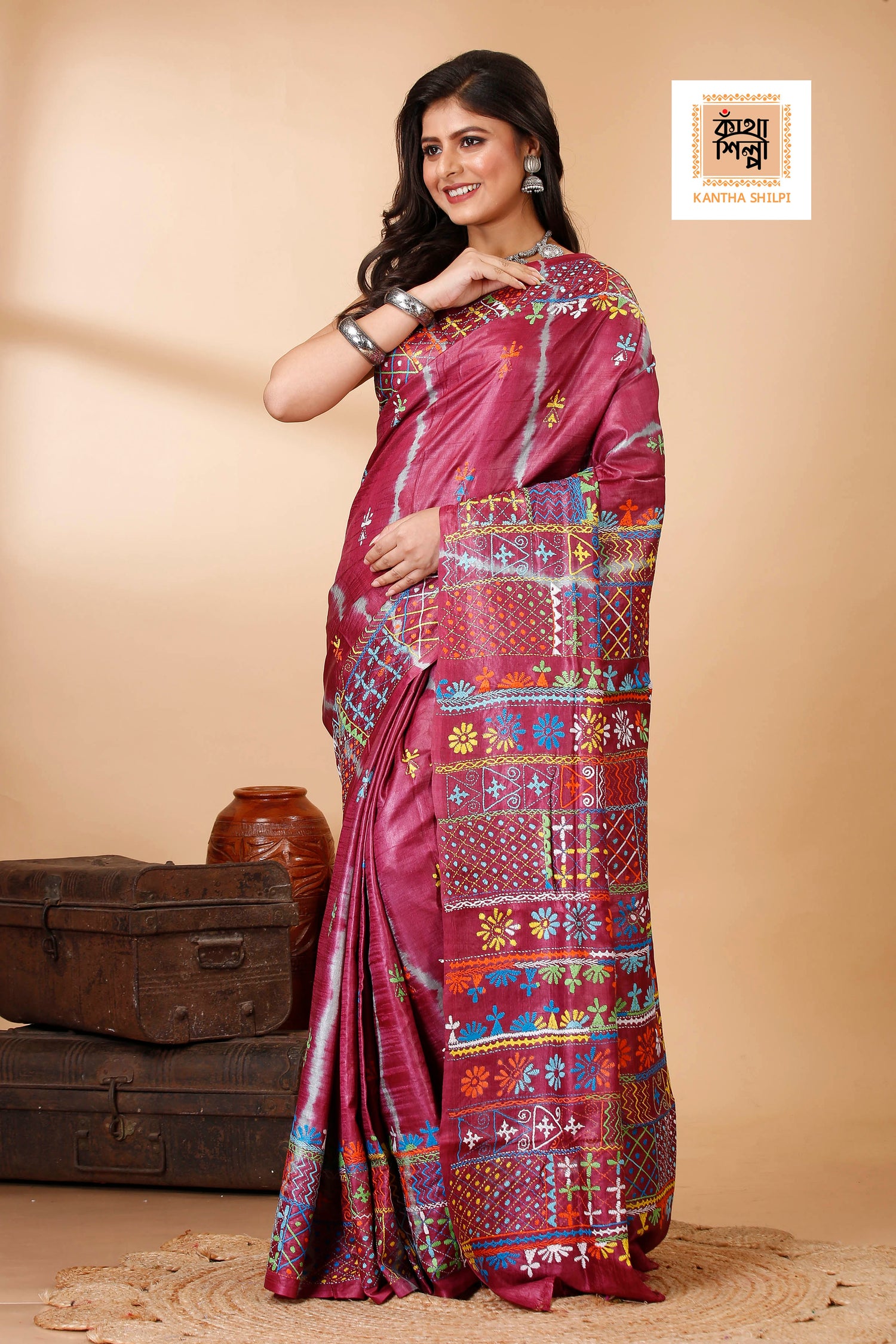 Drak Rose Color Dye Tussar Multicolor Thread Work Kantha Stitch Saree