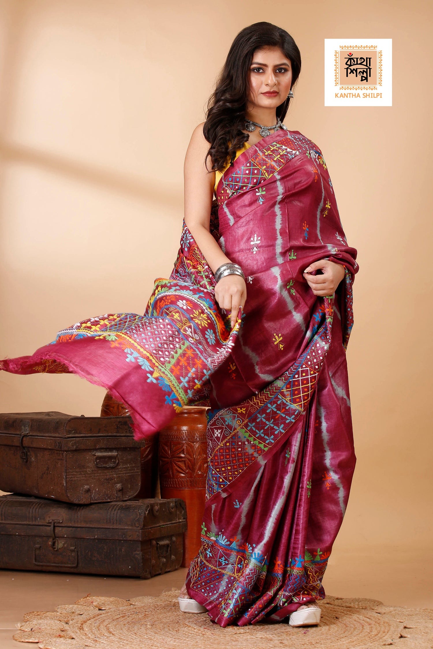 Drak Rose Color Dye Tussar Multicolor Thread Work Kantha Stitch Saree