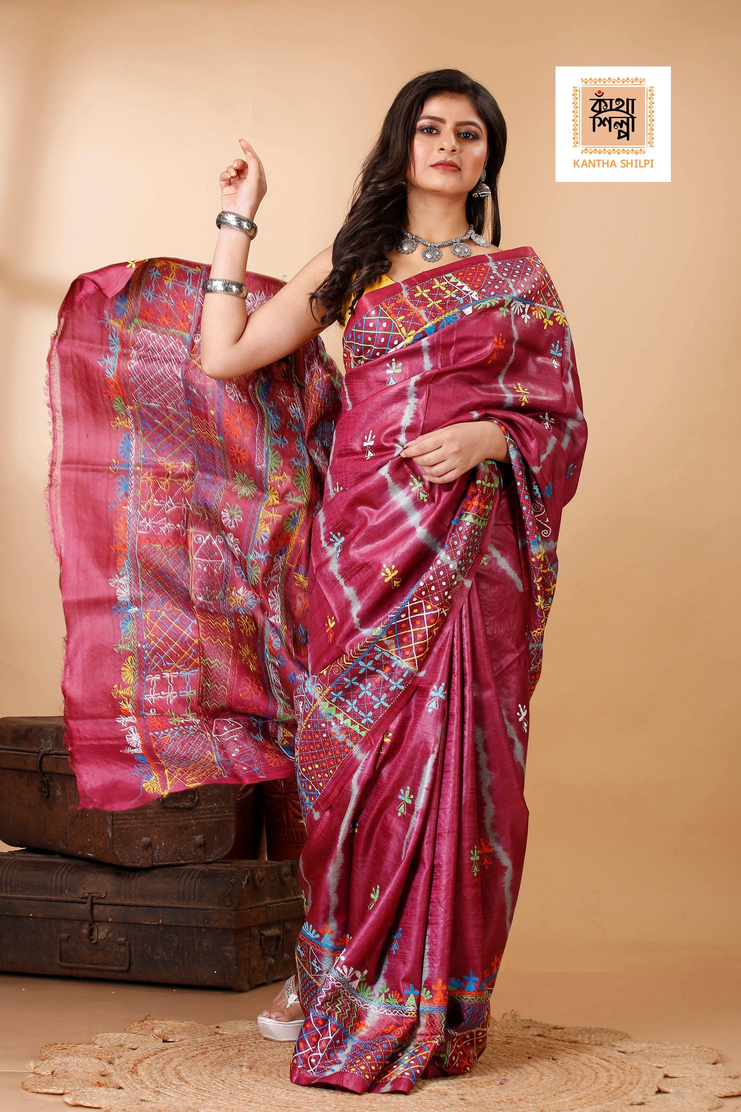 Drak Rose Color Dye Tussar Multicolor Thread Work Kantha Stitch Saree