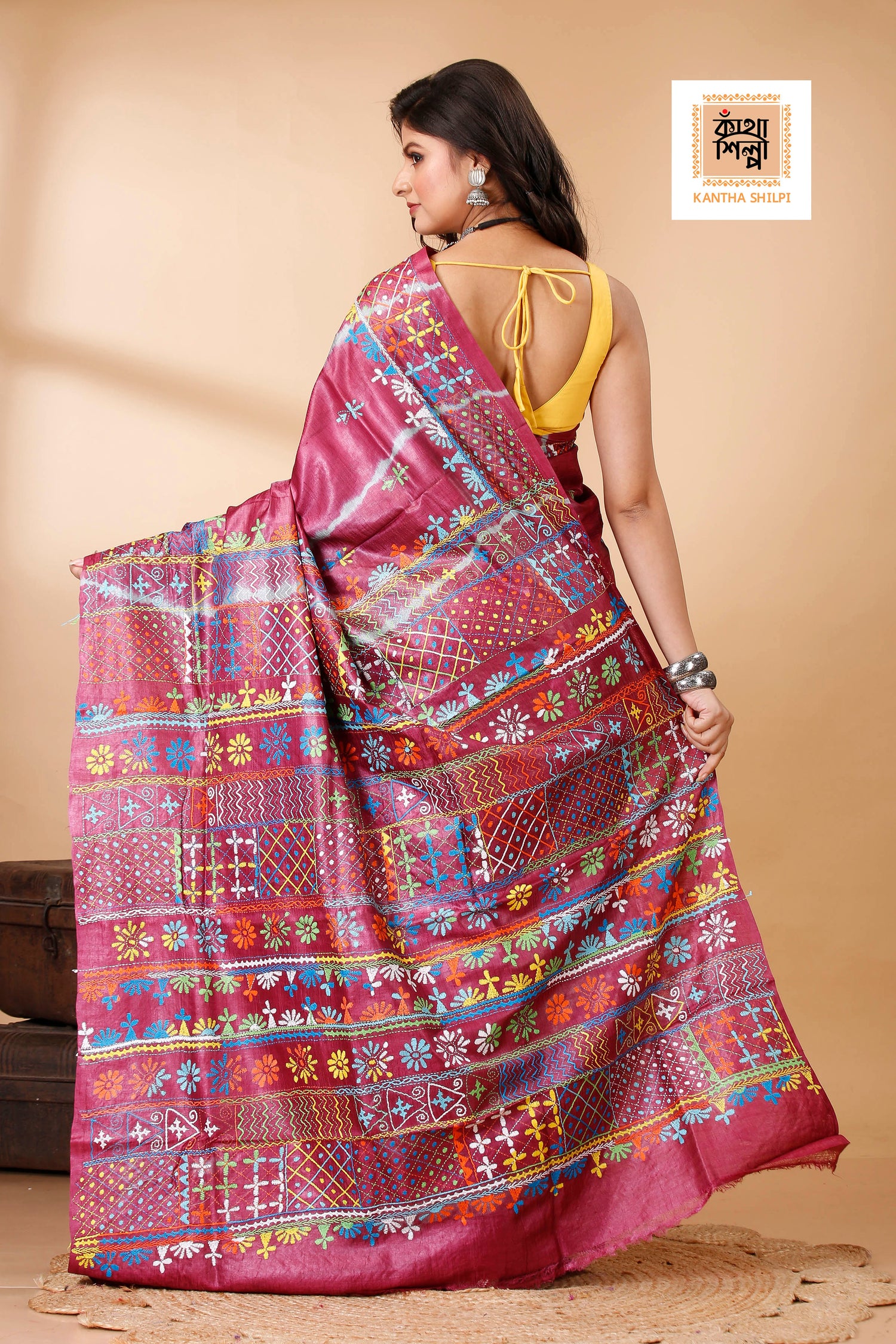 Drak Rose Color Dye Tussar Multicolor Thread Work Kantha Stitch Saree