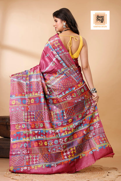 Drak Rose Color Dye Tussar Multicolor Thread Work Kantha Stitch Saree