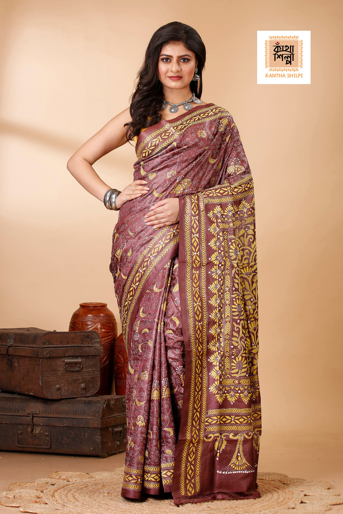 Wine Color Dye Tussar Yellow Color Thread Work Kantha Stitch Saree