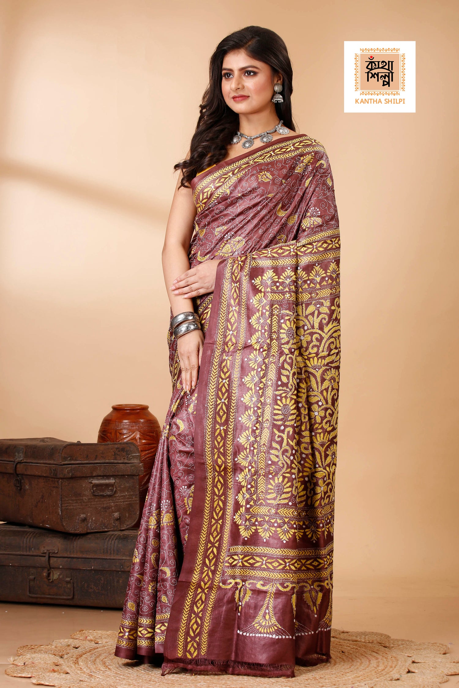 Wine Color Dye Tussar Yellow Color Thread Work Kantha Stitch Saree