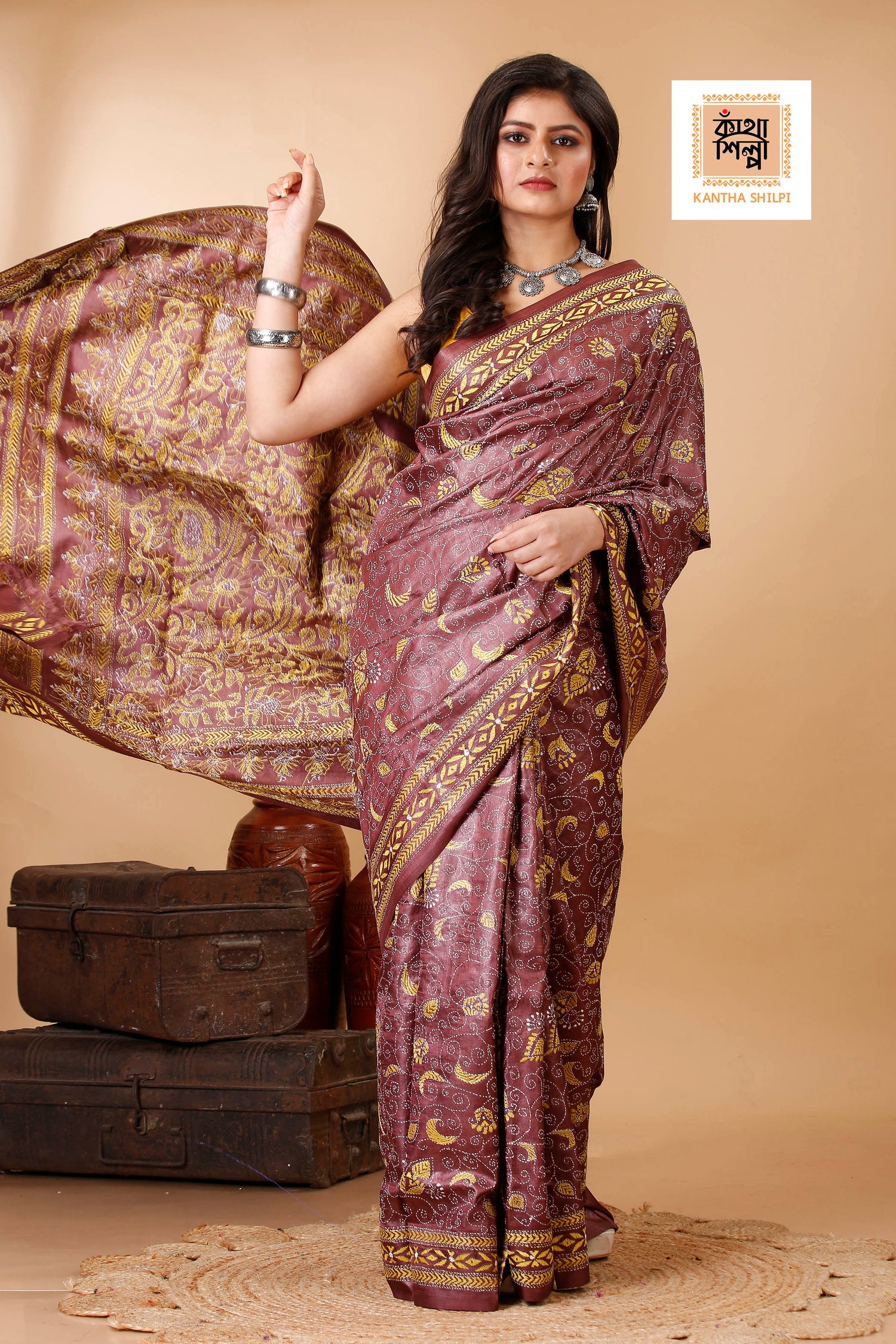 Wine Color Dye Tussar Yellow Color Thread Work Kantha Stitch Saree