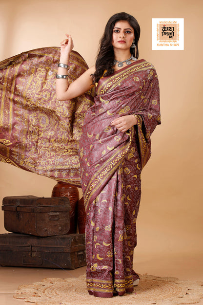 Wine Color Dye Tussar Yellow Color Thread Work Kantha Stitch Saree