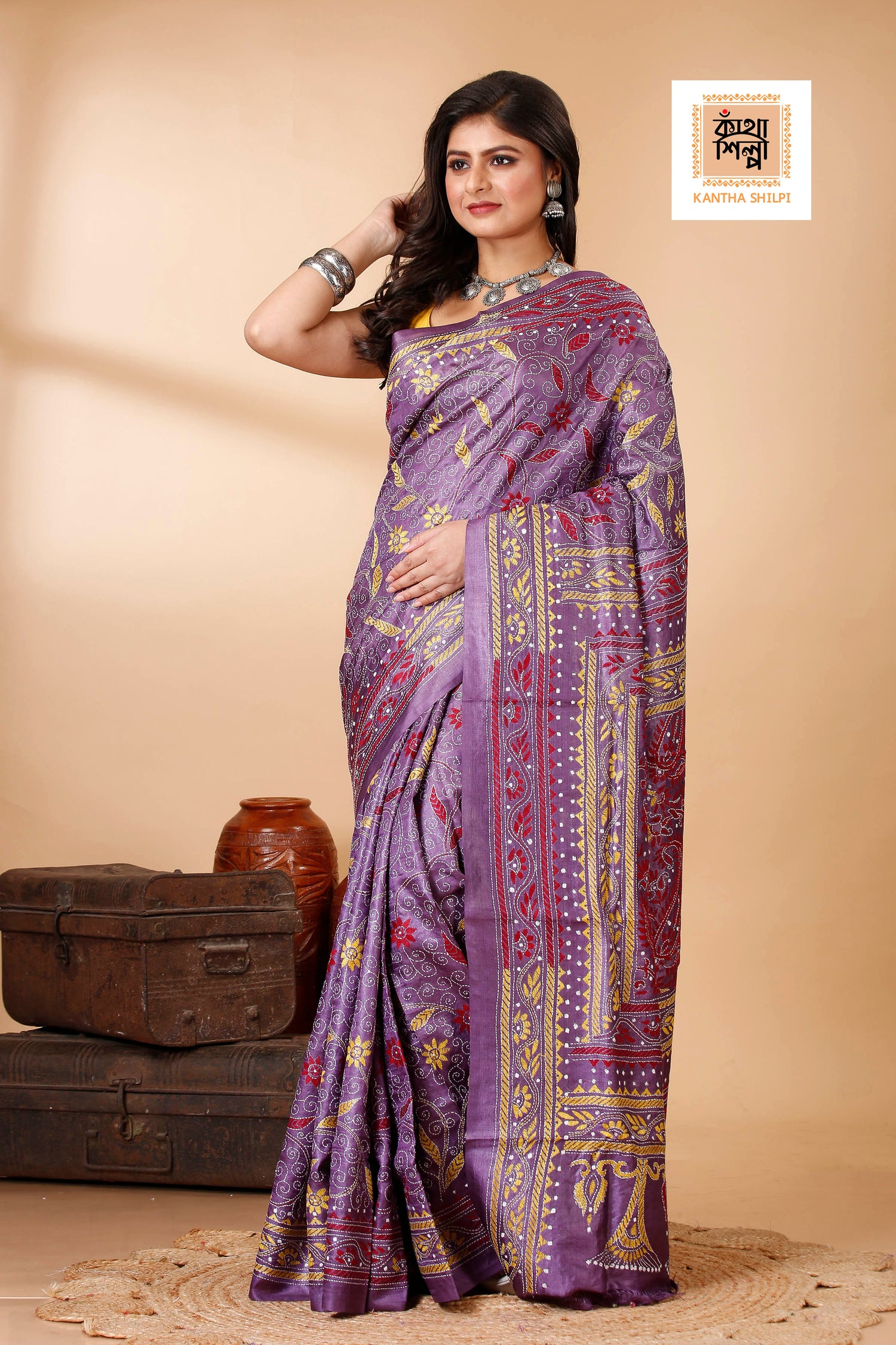 Magenta Color Dye Tussar Tricolor Thread Work Floral Motif Kantha Stitch Saree