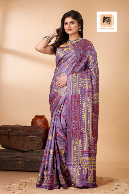 Magenta Color Dye Tussar Tricolor Thread Work Floral Motif Kantha Stitch Saree