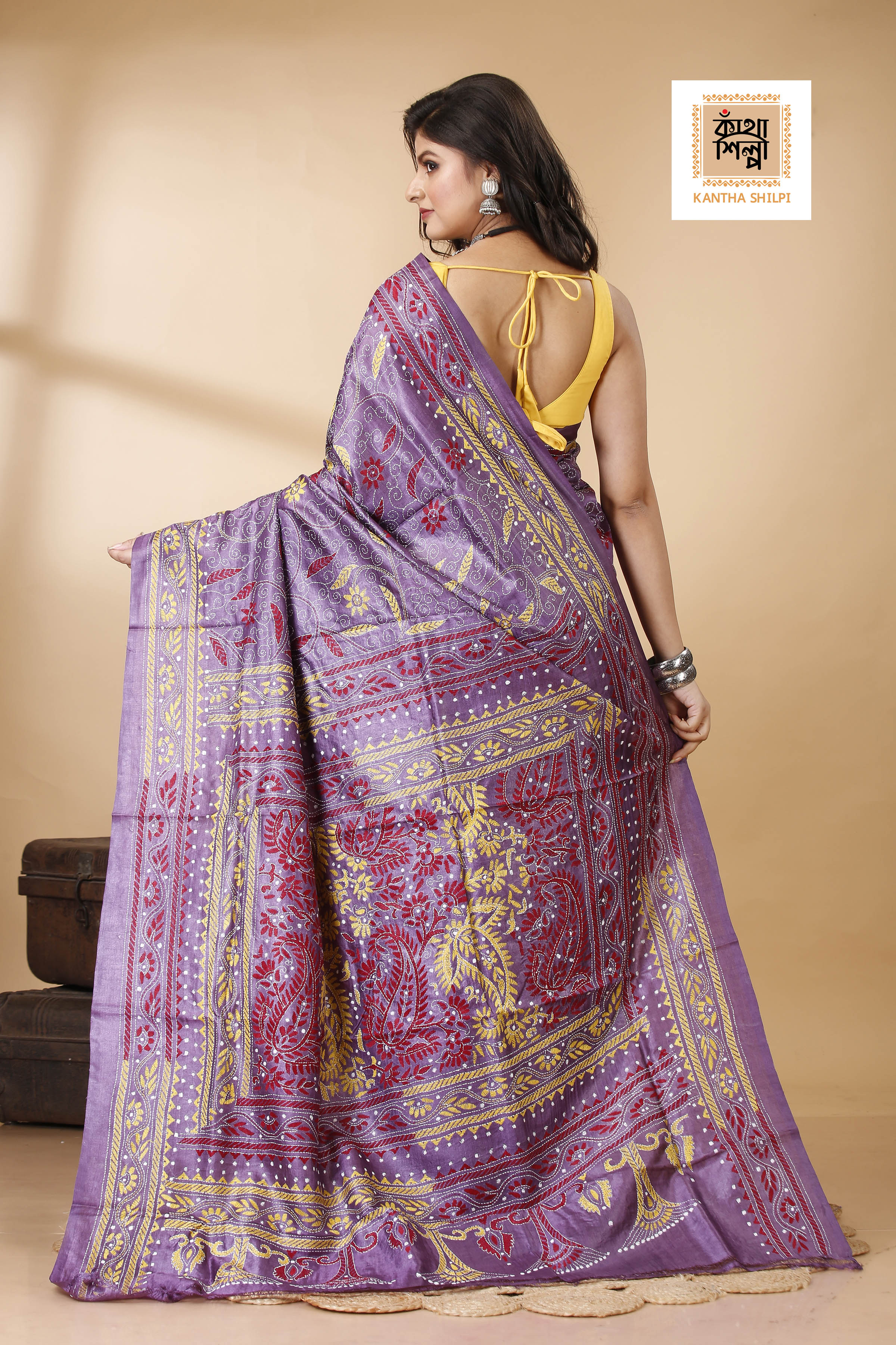 Magenta Color Dye Tussar Tricolor Thread Work Floral Motif Kantha Stitch Saree