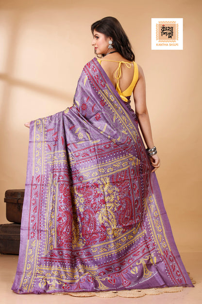 Magenta Color Dye Tussar Tricolor Thread Work Floral Motif Kantha Stitch Saree