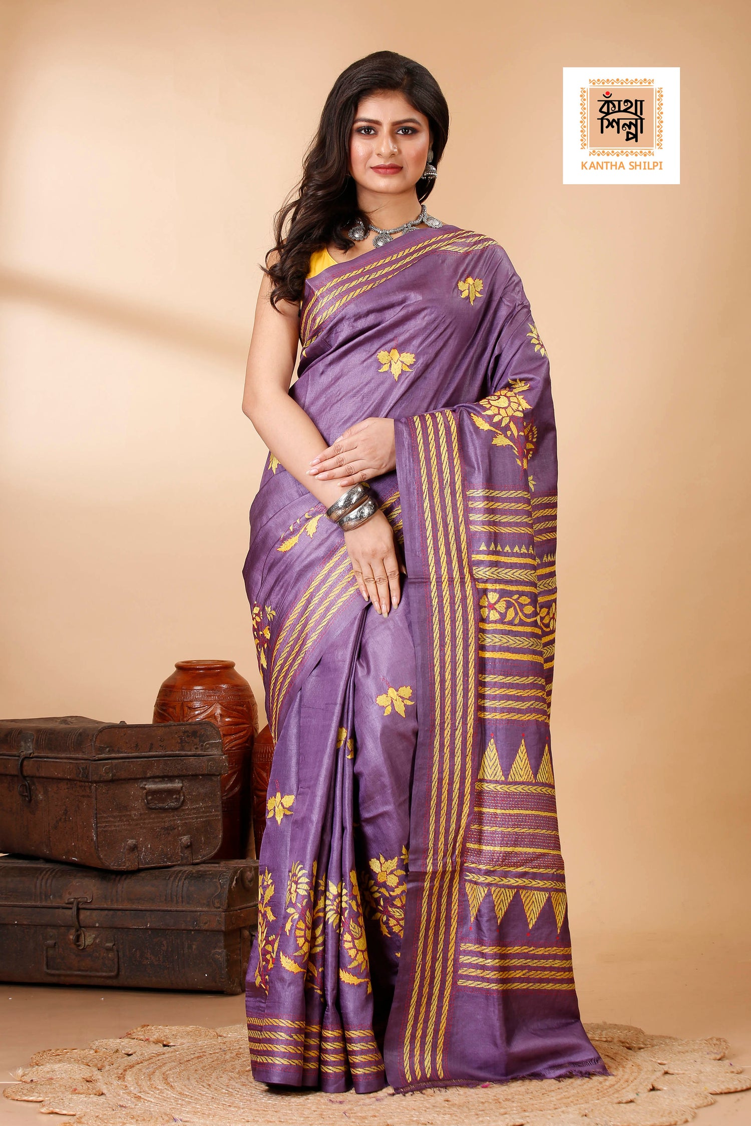 Magenta Color Dye Tussar Yellow Red color Thread Work Kantha Stitch Saree