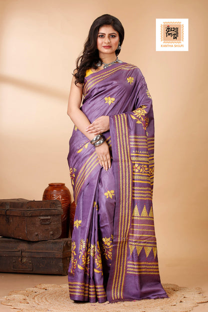 Magenta Color Dye Tussar Yellow Red color Thread Work Kantha Stitch Saree