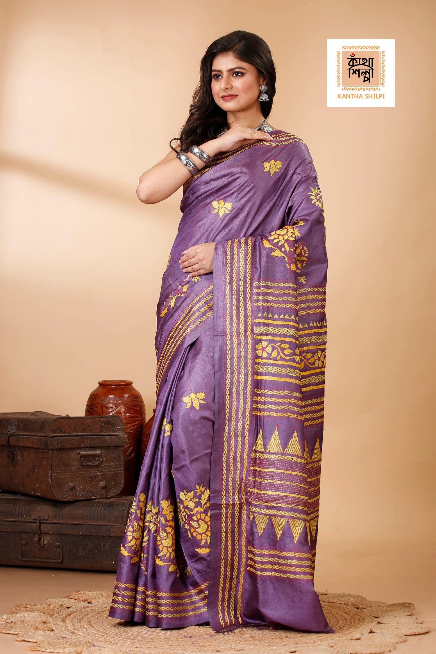 Magenta Color Dye Tussar Yellow Red color Thread Work Kantha Stitch Saree