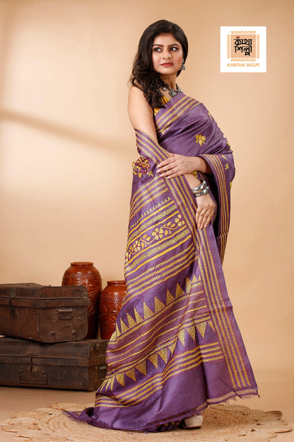Magenta Color Dye Tussar Yellow Red color Thread Work Kantha Stitch Saree