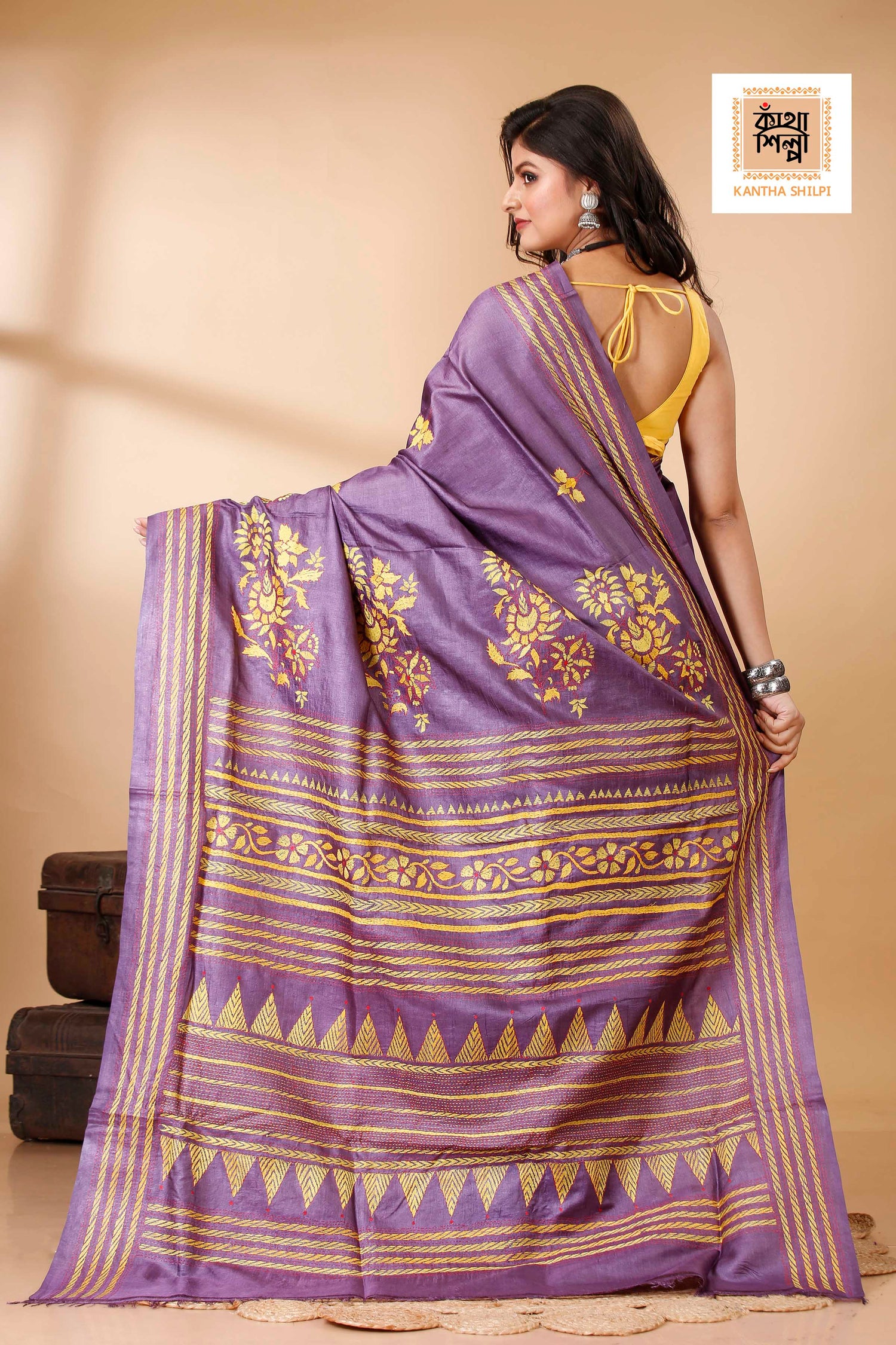 Magenta Color Dye Tussar Yellow Red color Thread Work Kantha Stitch Saree