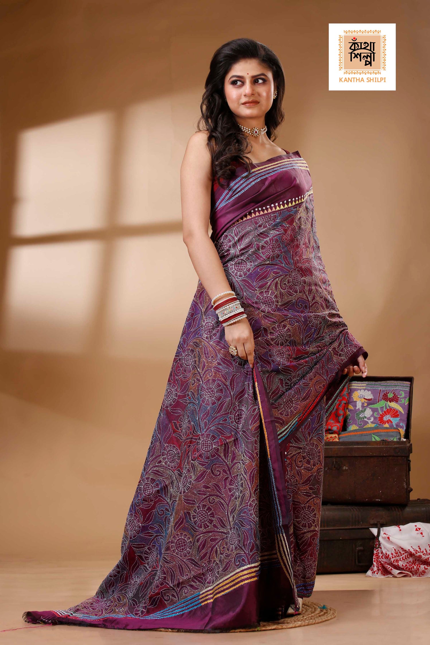 Bangalore Silk Kantha Stitch Saree SN202522691