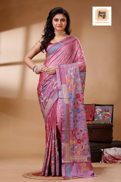 Bangalore Silk Hand Batik and Kantha Stitch Saree SN202522709