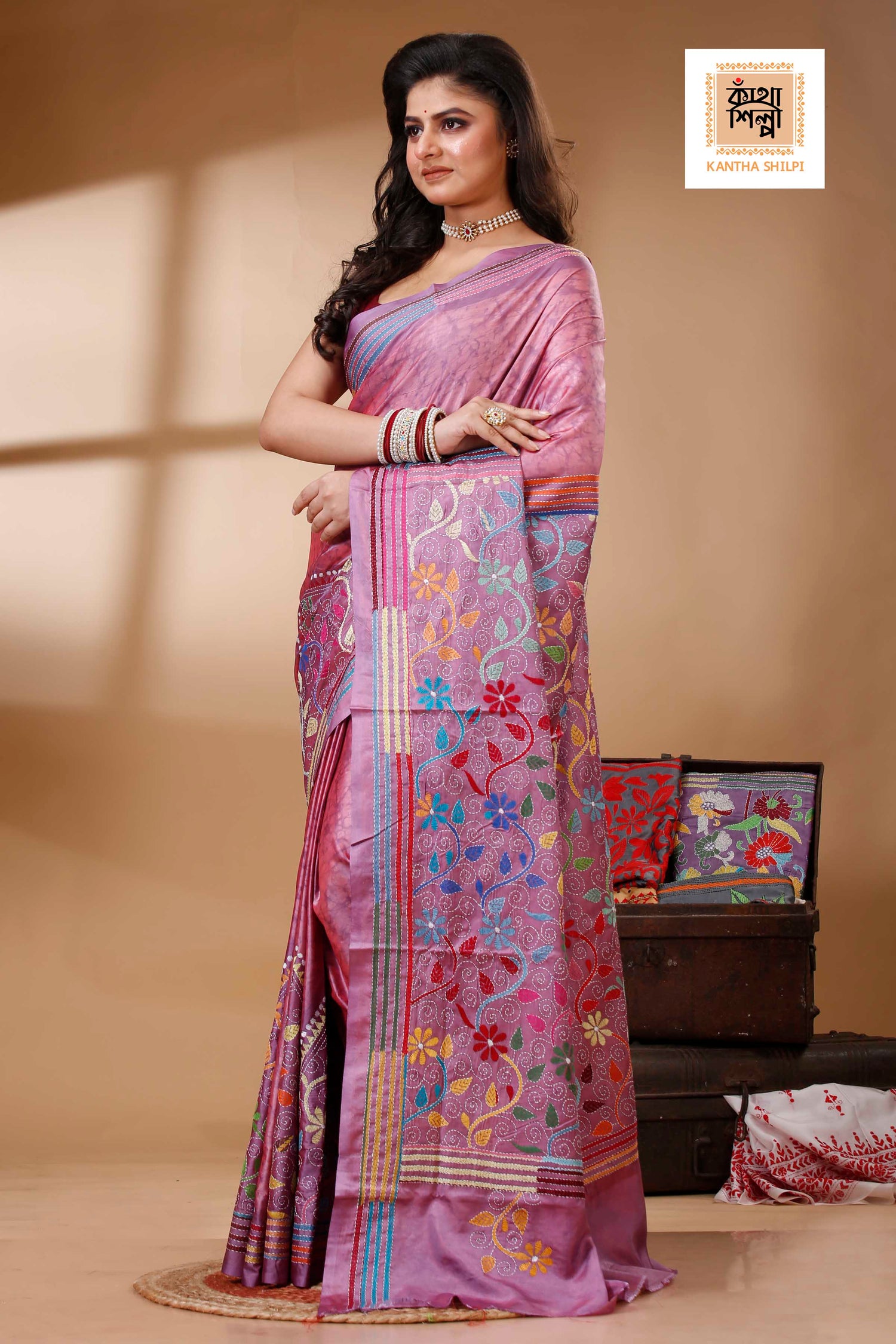 Bangalore Silk Hand Batik and Kantha Stitch Saree SN202522709