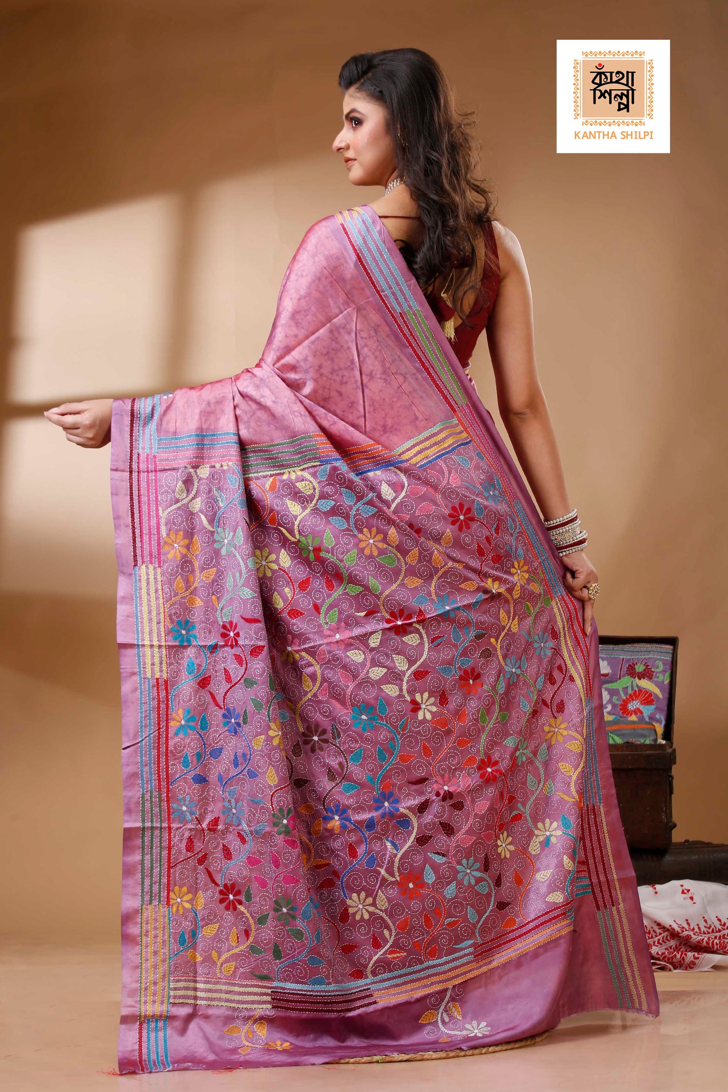 Bangalore Silk Hand Batik and Kantha Stitch Saree SN202522709