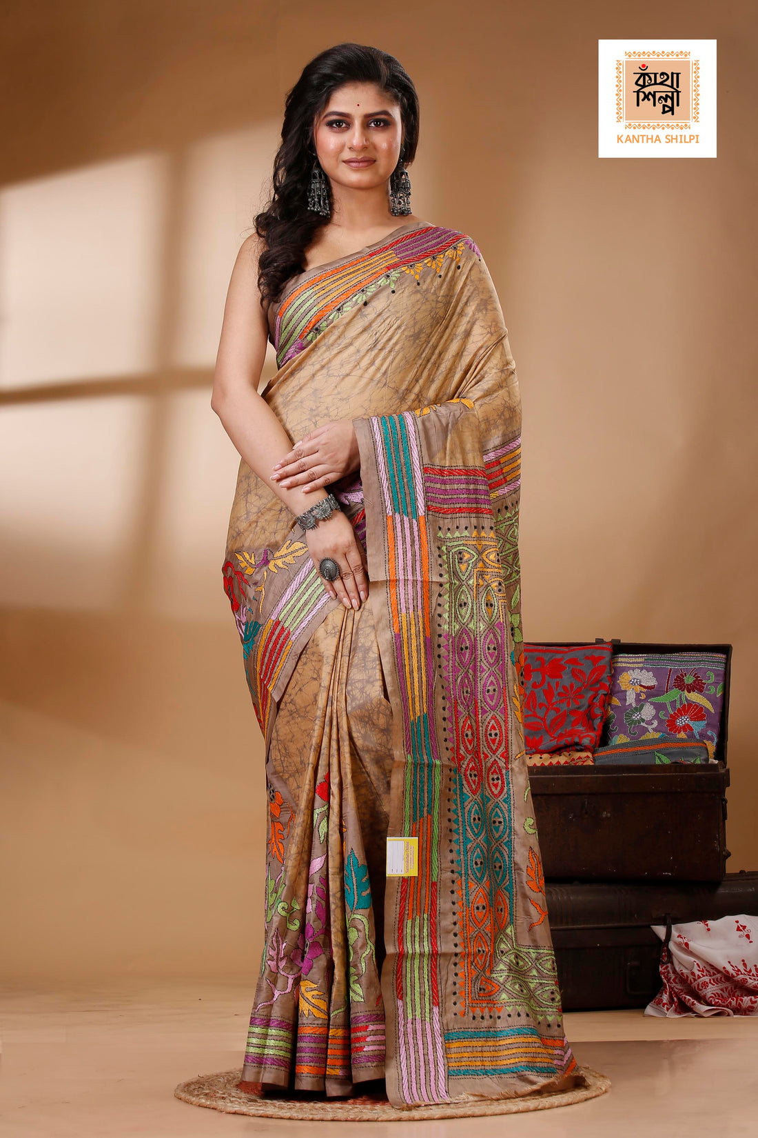Bangalore Silk Hand Batik and Kantha Stitch Saree SN202522817