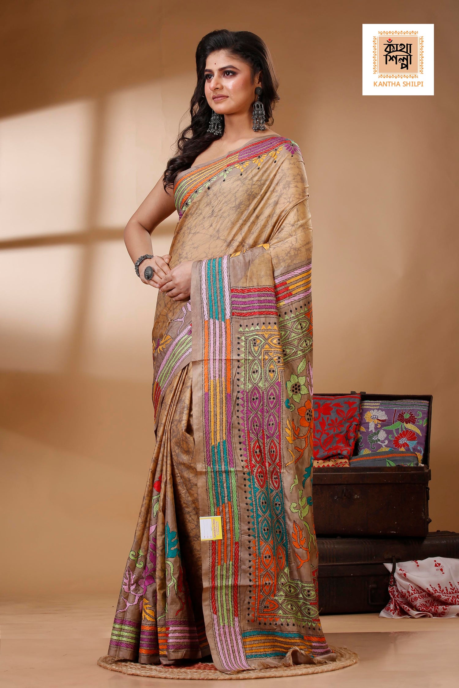 Bangalore Silk Hand Batik and Kantha Stitch Saree SN202522817